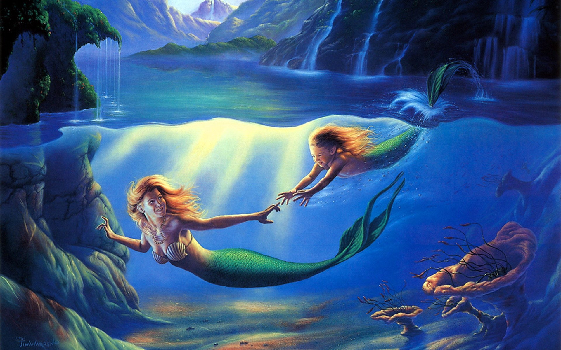 fantasia, 1080P, hija, mar, madre, sirenas, HD Wallpaper