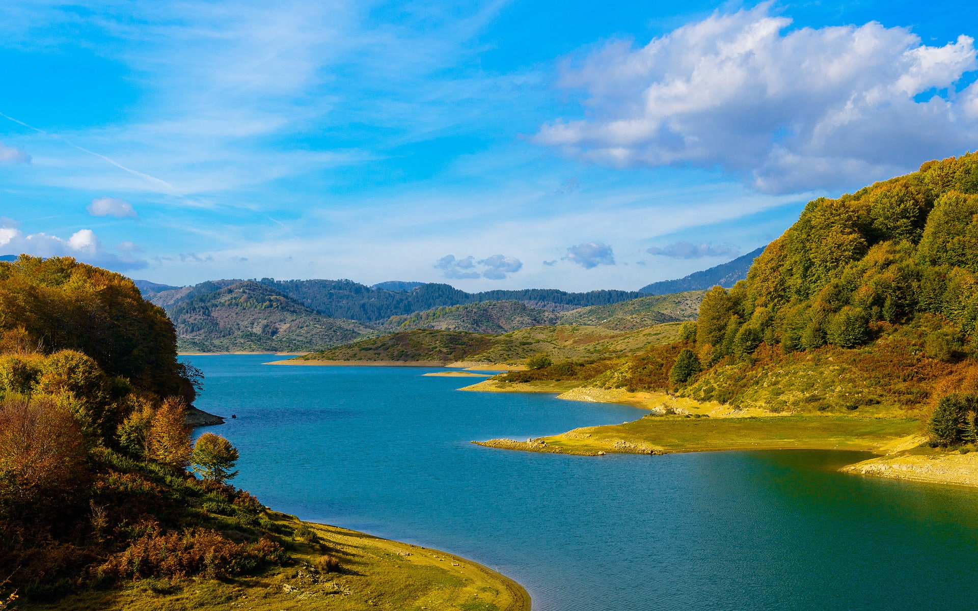 clouds, mountain, Hills, Autumn, white, Sky, river, Blue, 1080P, Lake, Forest, HD Wallpaper