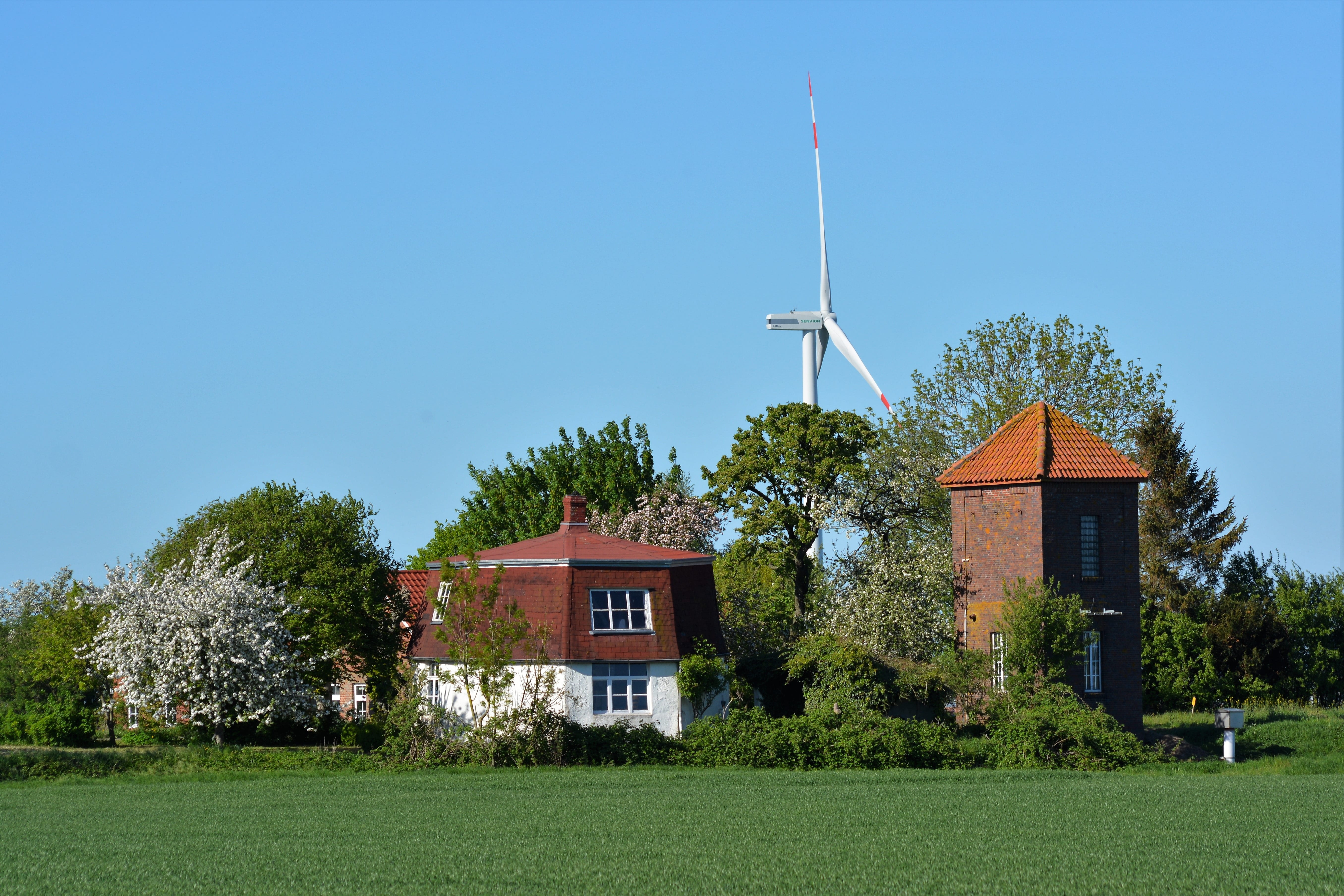 no people, landscape, windmill, lower saxony, wind, 5K, tree, sky, outdoors, fuel and power generation, mill, built structure, turbine, architecture, grass, HD Wallpaper