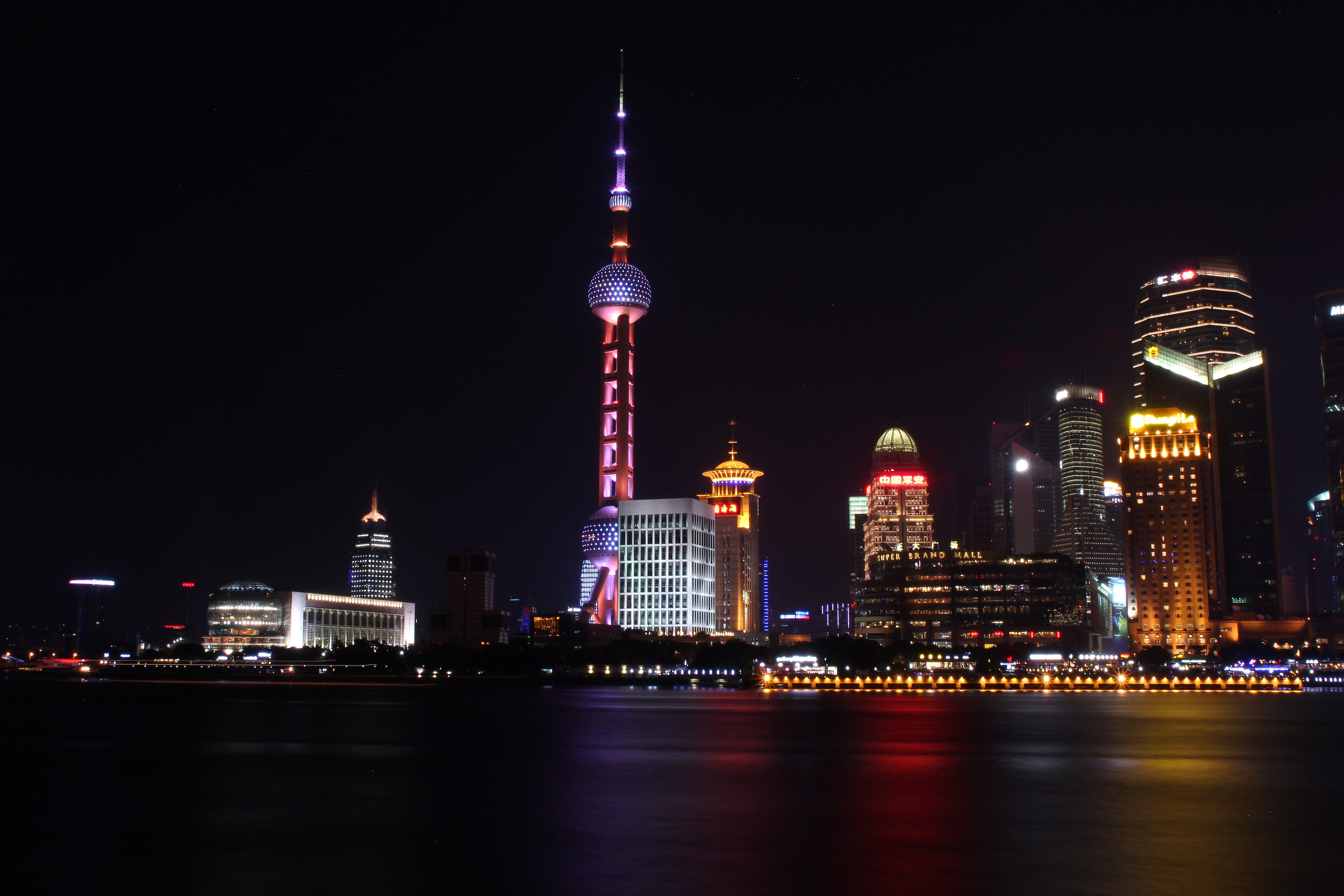 spire, built structure, landscape, tower, travel destinations, night, water, 5K, tall - high, The Bund, building exterior, city, building, cityscape, sky, HD Wallpaper