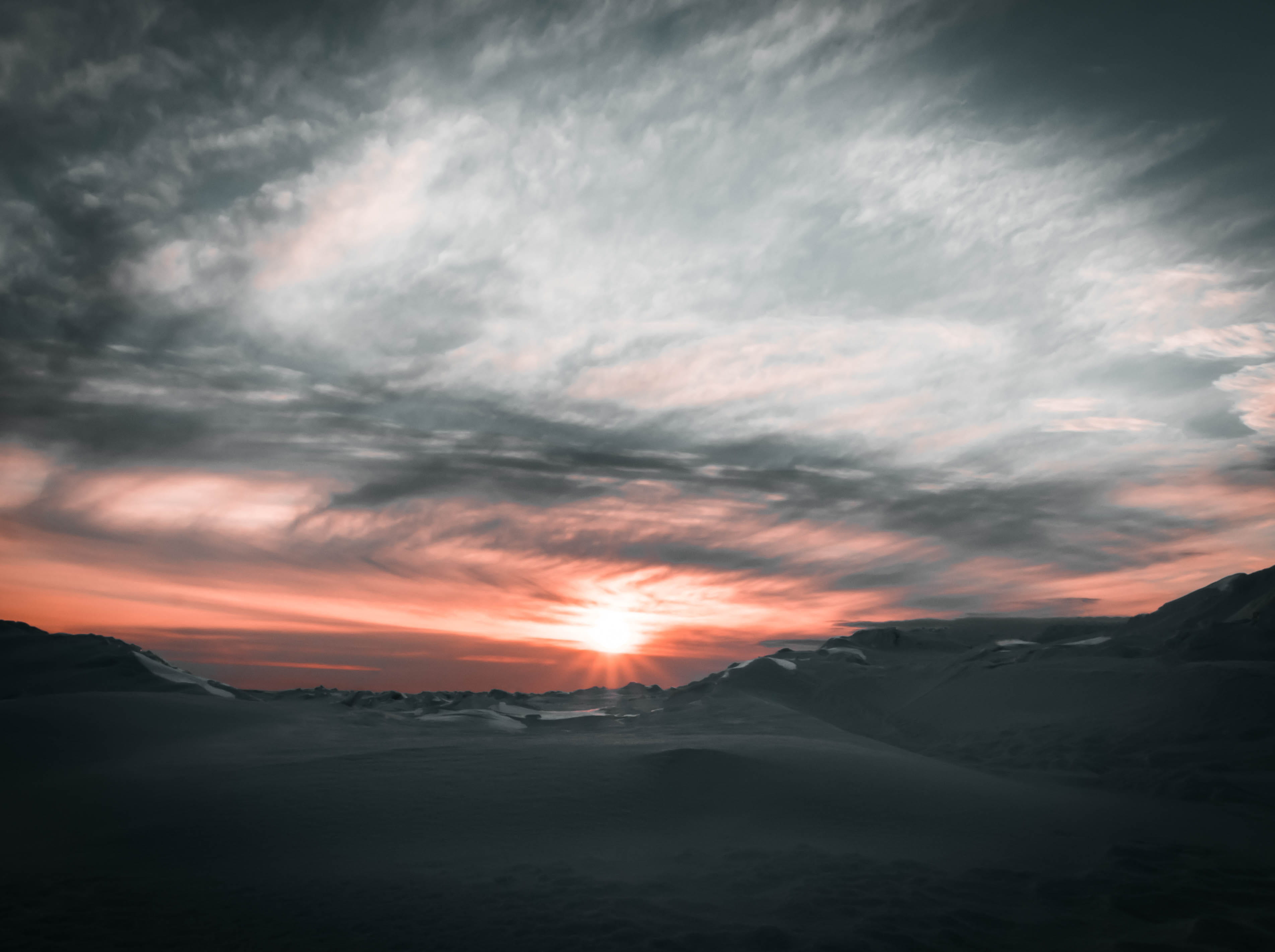 sky, scenry, ice, gray, nature, quebec city, dusk, non-urban scene, scenics - nature, black, sunset, tranquility, mountain, orange color, sun, beauty in nature, HD Wallpaper