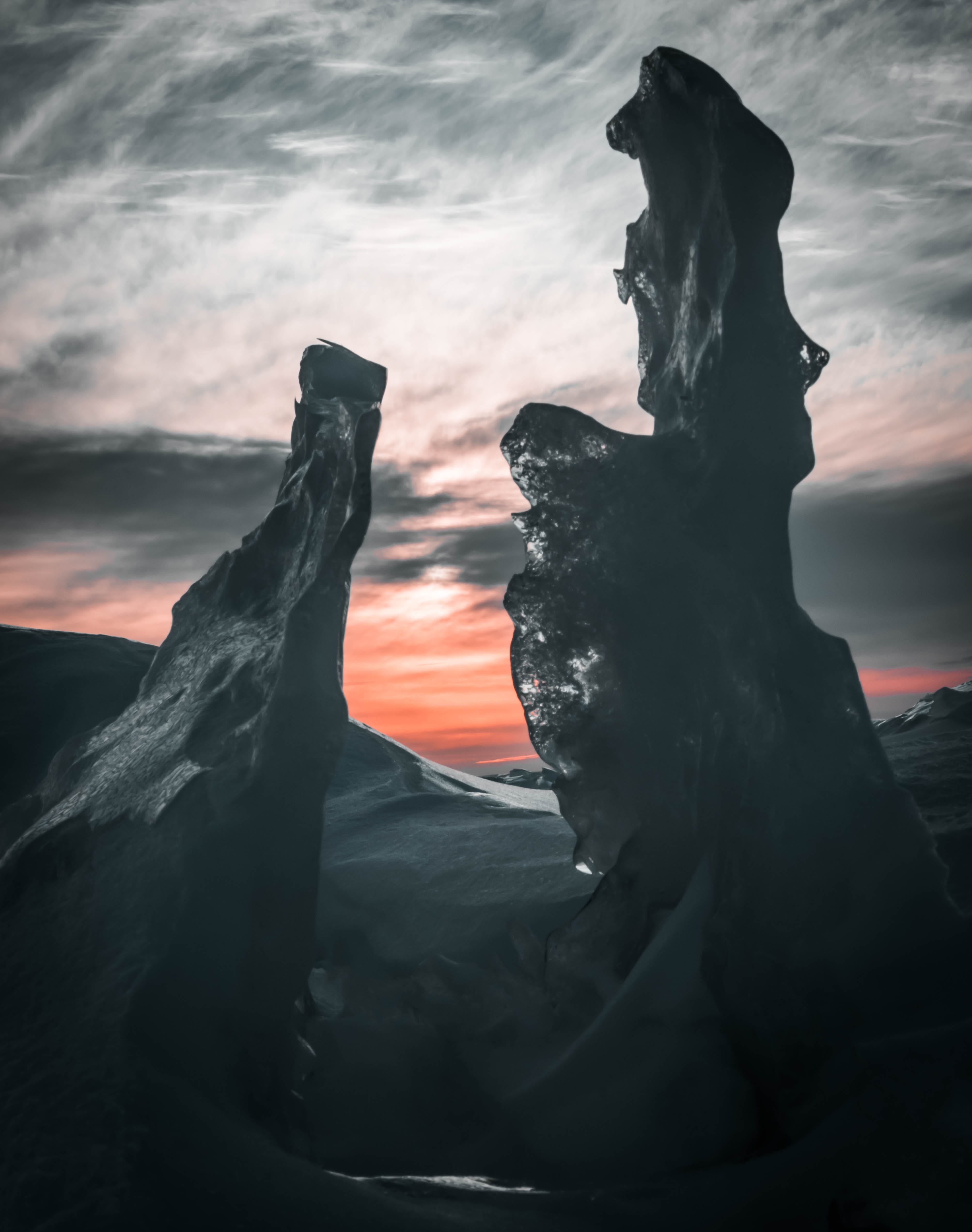 sunset, solid, snow, tranquility, outdoors, ice, fleuve saint-laurent, art and craft, rock, 4K, motion, representation, silhouette, sunrise, cloud - sky, Phone HD Wallpaper