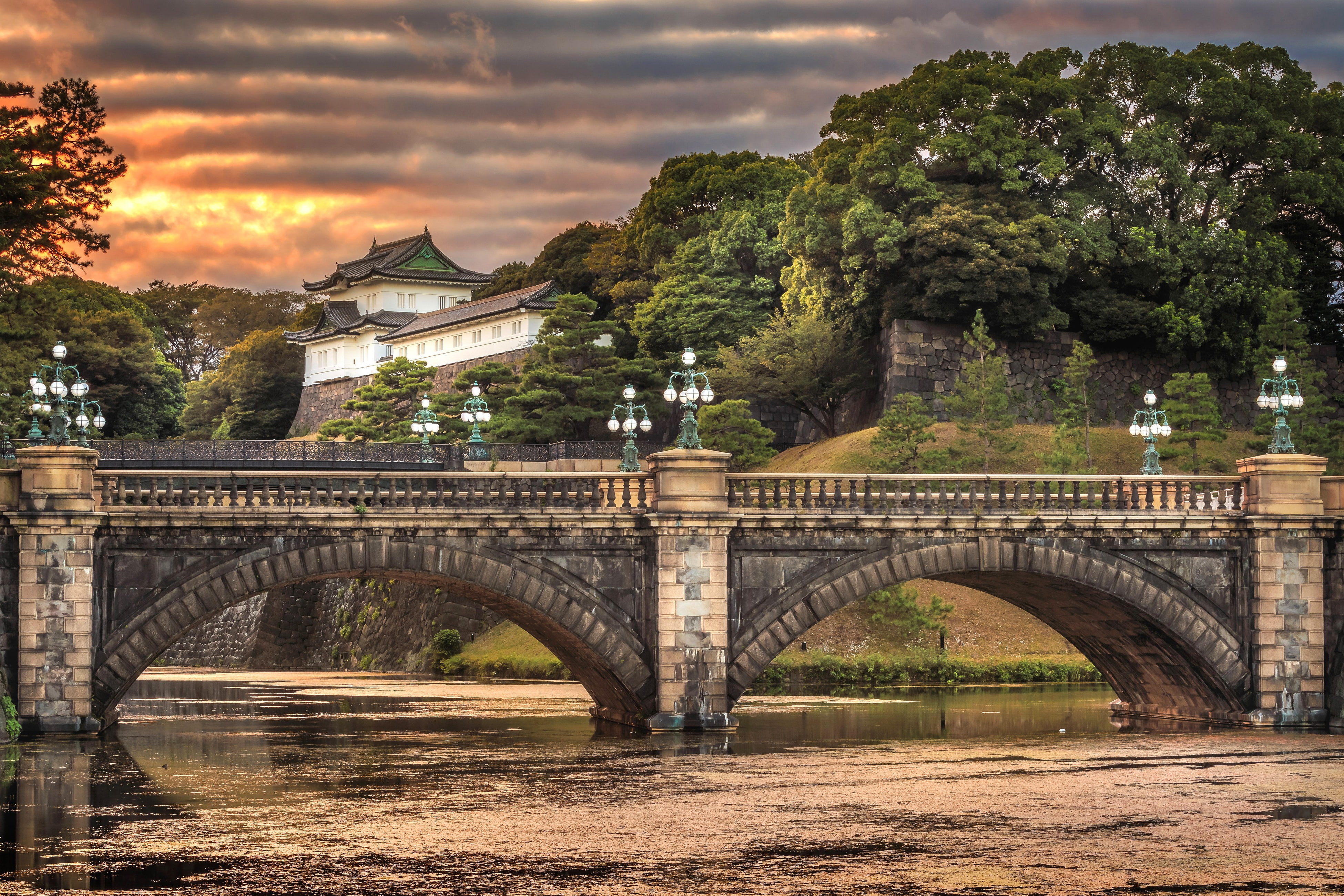 lights, Tokyo, Palace, Japan, Imperial Palace, river, the evening, the sky, trees, sunset, clouds, Nijubashi Bridge, bridge, 4K, HD Wallpaper