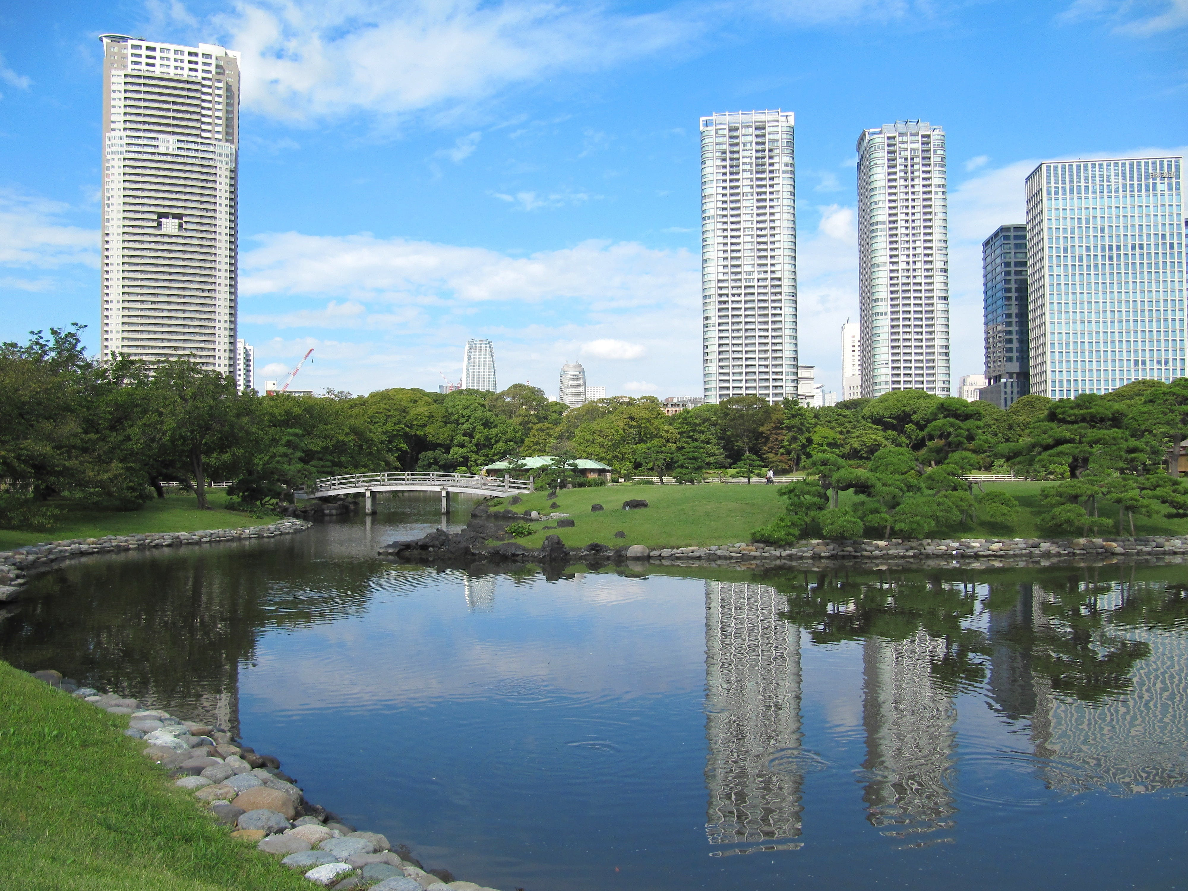 outside, landscape, no people, blue, clouds, tokyo, tower, office building exterior, buildings, 4K, trees, river, built structure, summer, nature, tree, HD Wallpaper