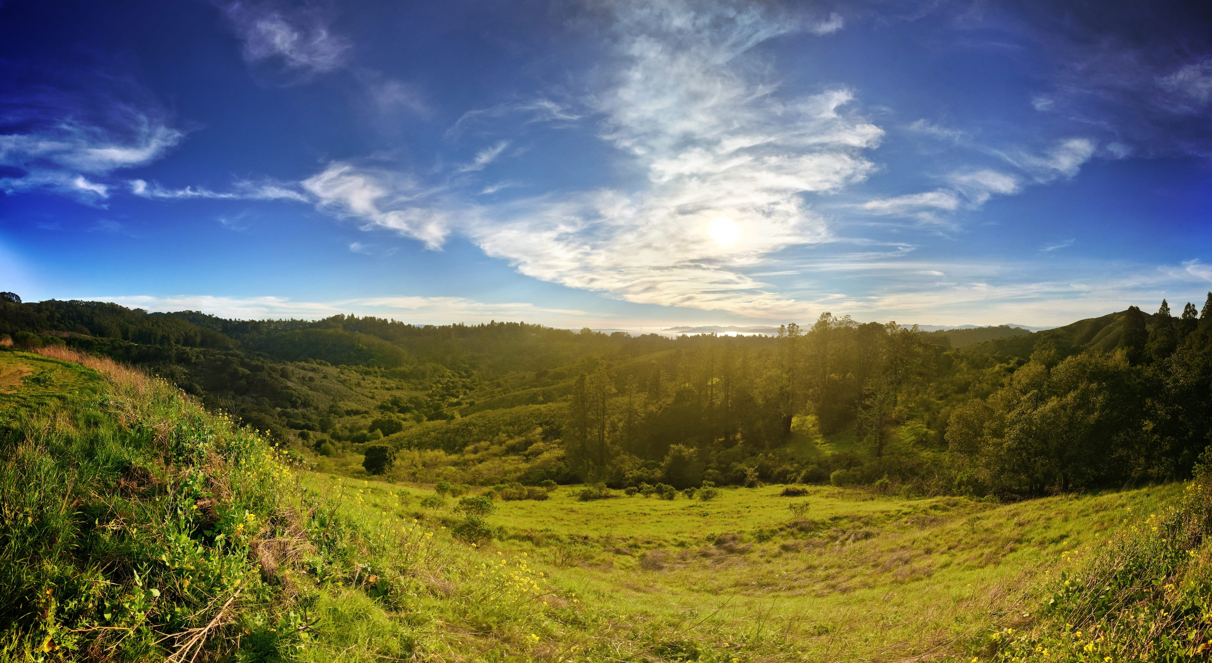 outside, california, outdoors, tranquil scene, golden gate bridge, land, scenics - nature, ptgui, environment, cloud - sky, stitch, no people, green color, HD Wallpaper