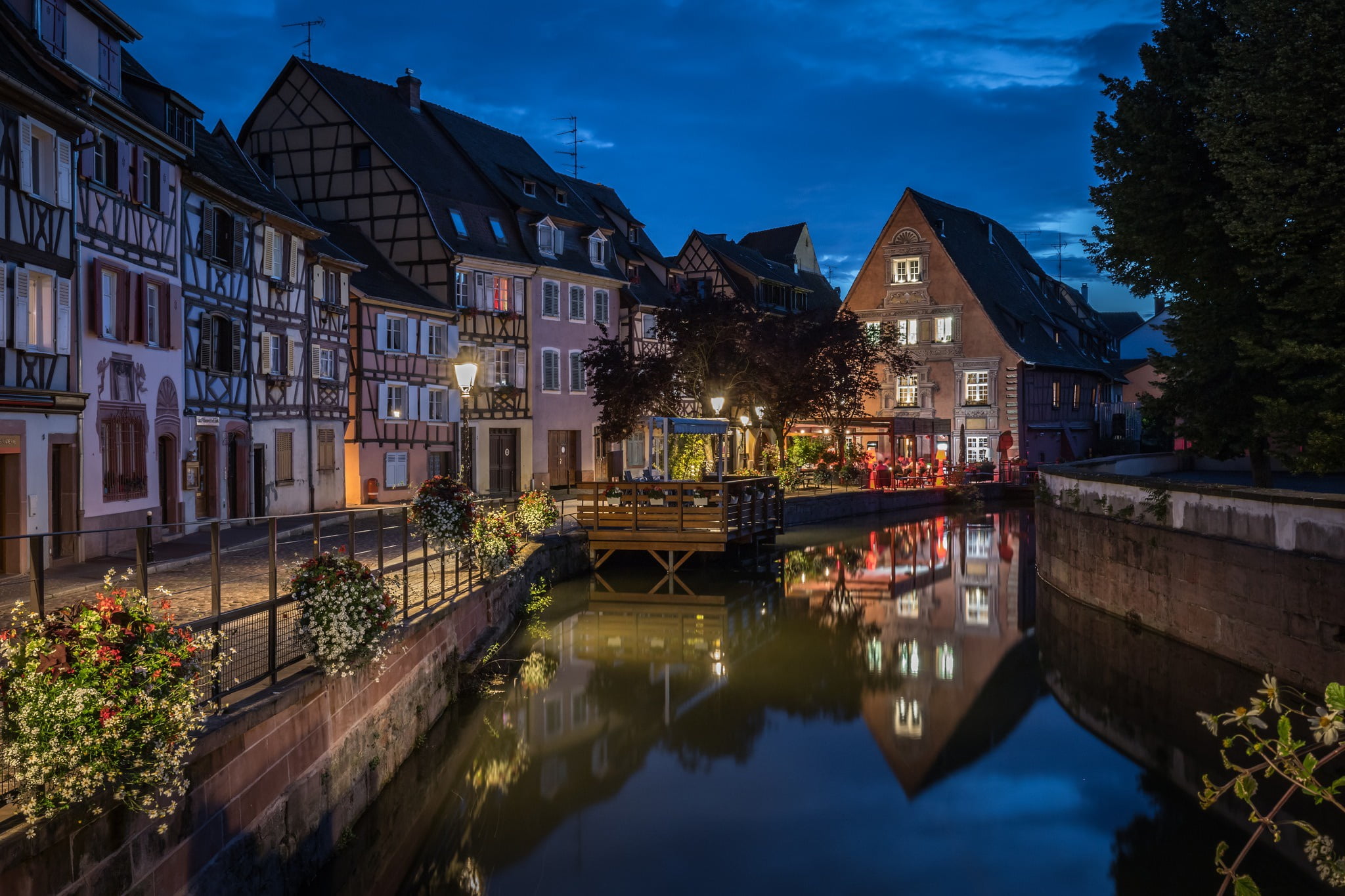 1080P, channel, lights, Colmar, the evening, France, HD Wallpaper