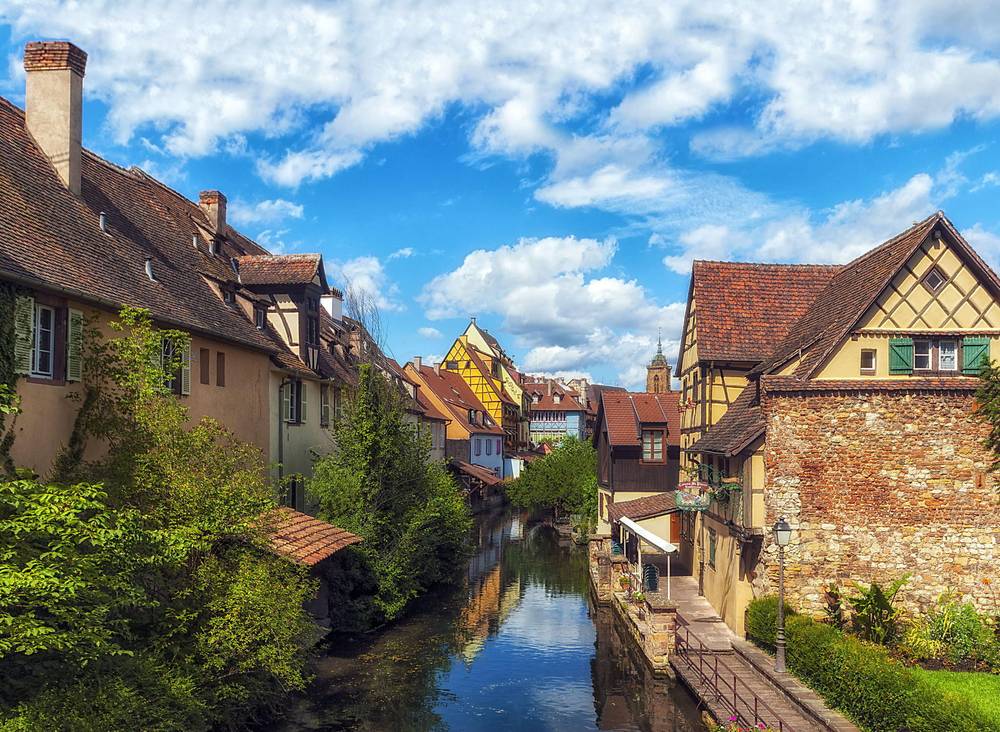 architecture, the urban landscape, home, brown, cloud - sky, building, reflection, Colmar, France, sky, canal, town, water, 1080P, residential district, HD Wallpaper