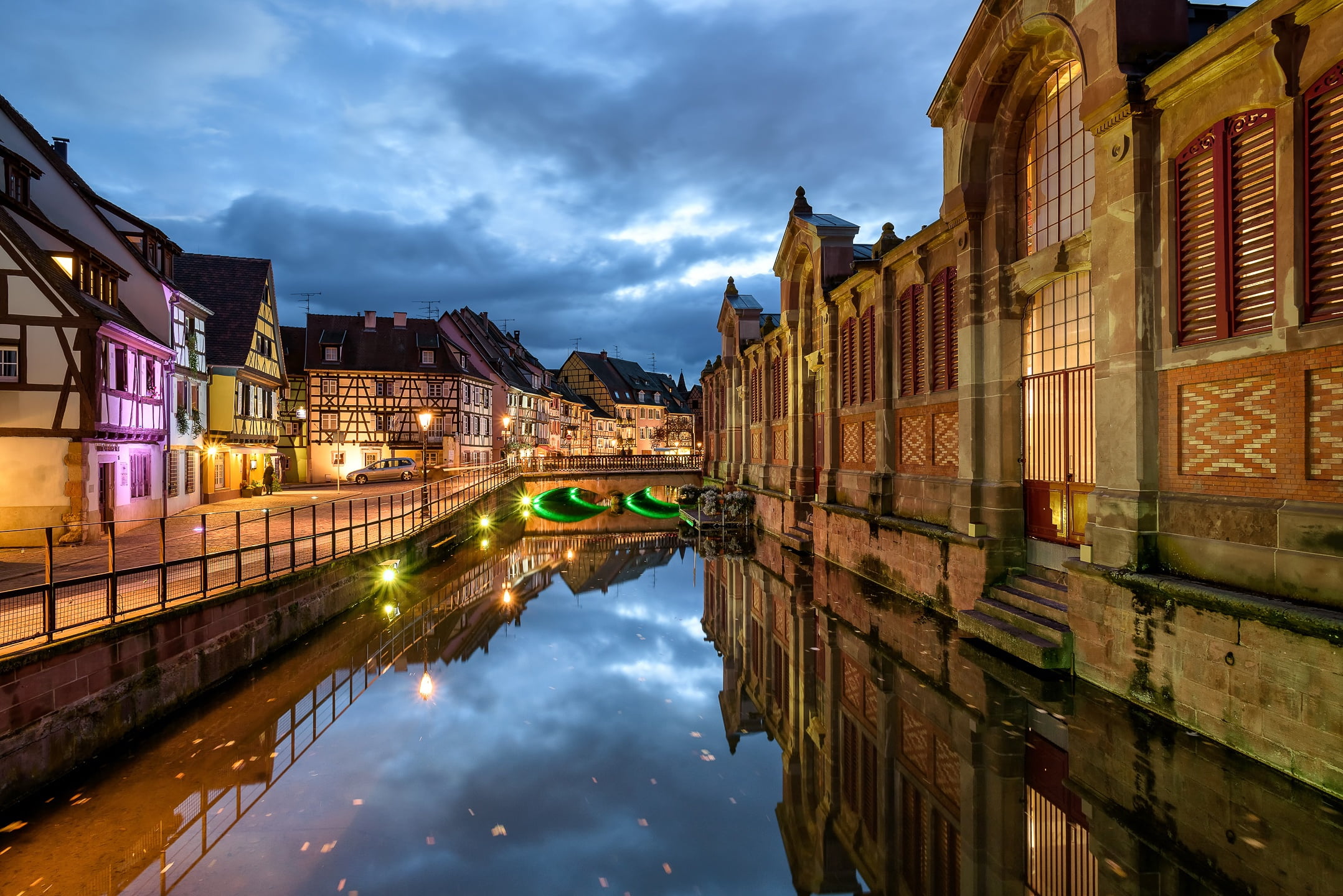 lights, Colmar, 1080P, Venise, the evening, channel, France, HD Wallpaper