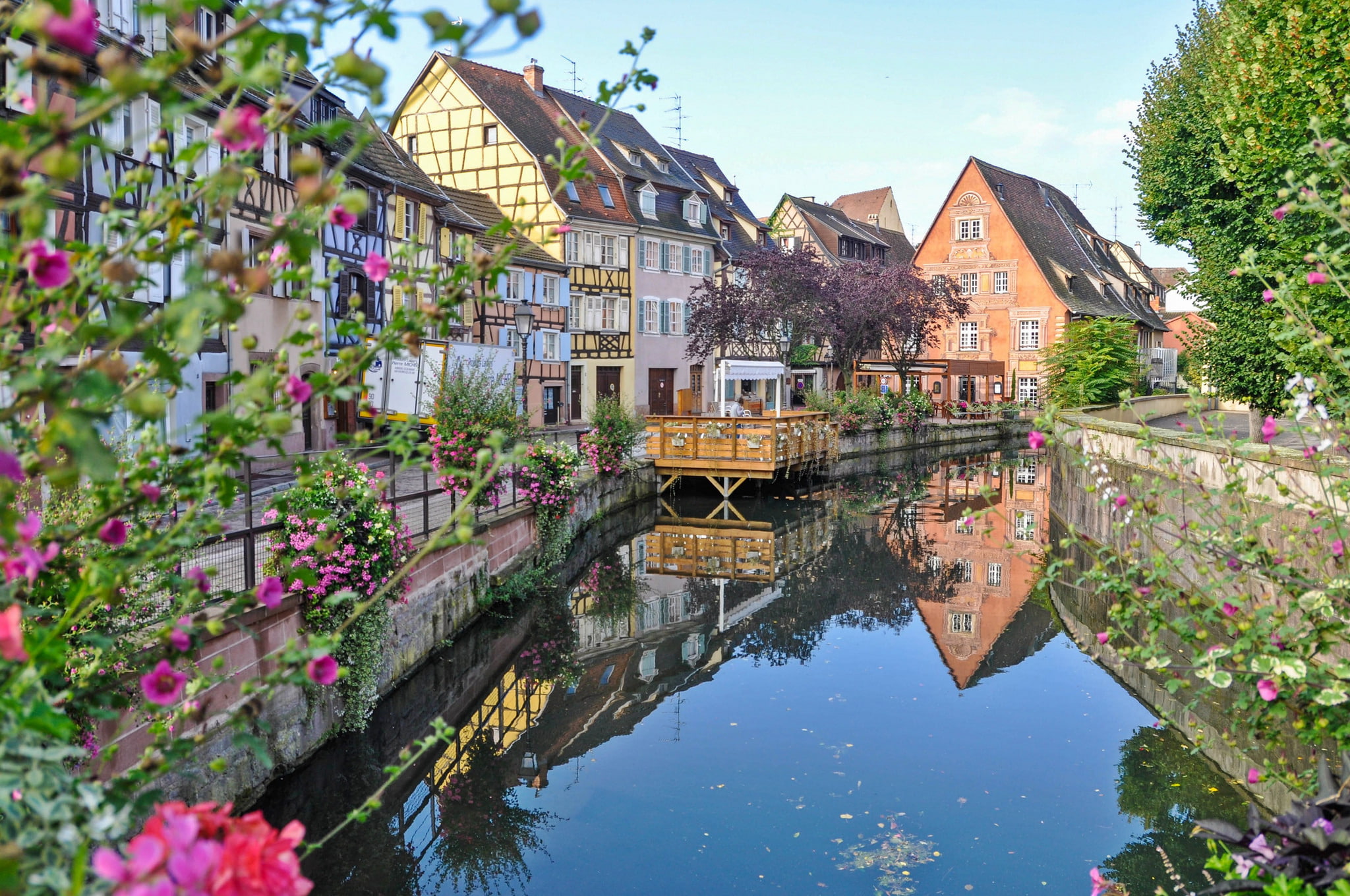 France, 1080P, river, Colmar, flowers, home, HD Wallpaper