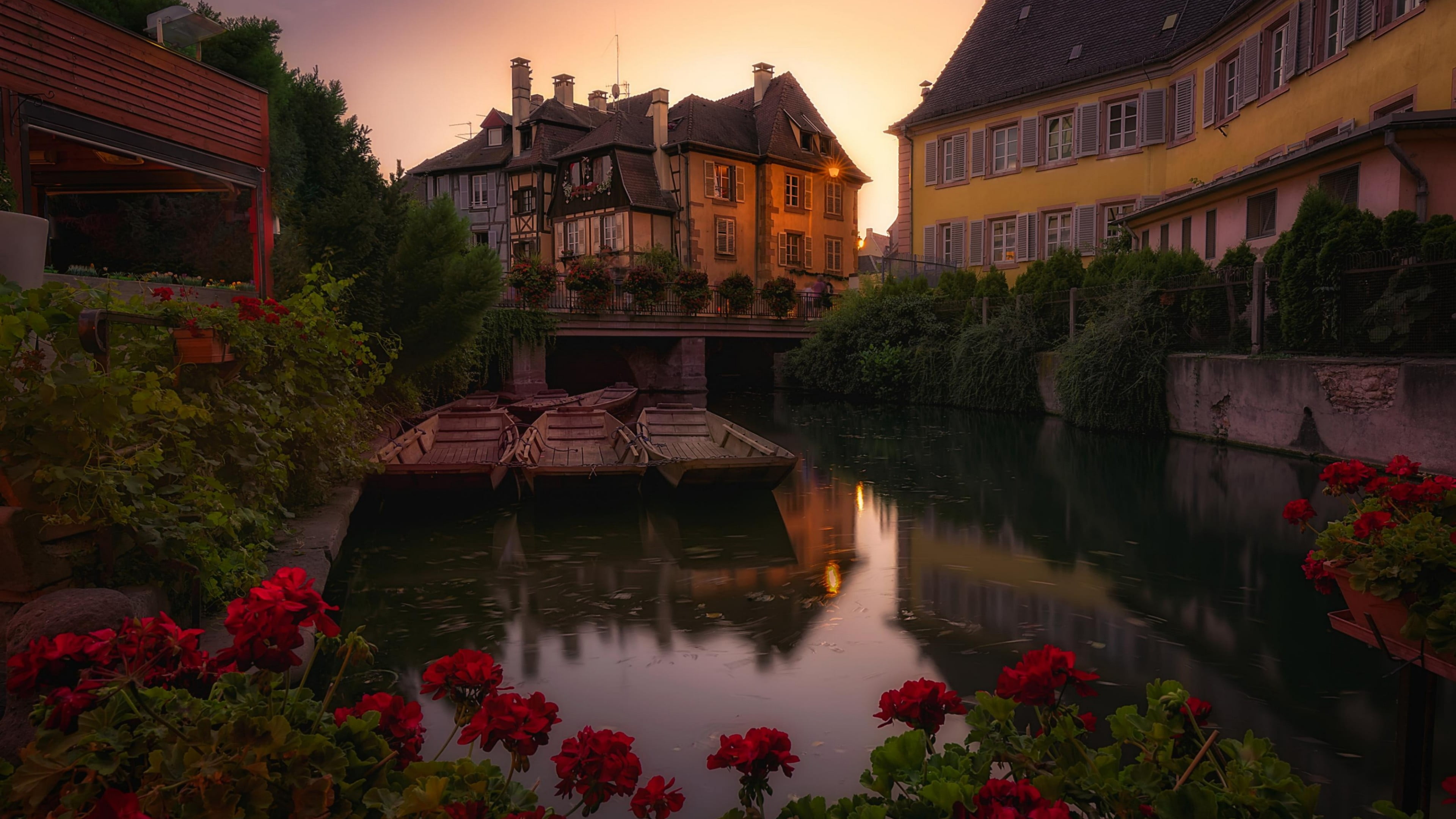lake, half timber house, growth, france, reflection, residential district, tree, canal, boats, 4K, building exterior, boat, plant, sky, day, architecture, HD Wallpaper