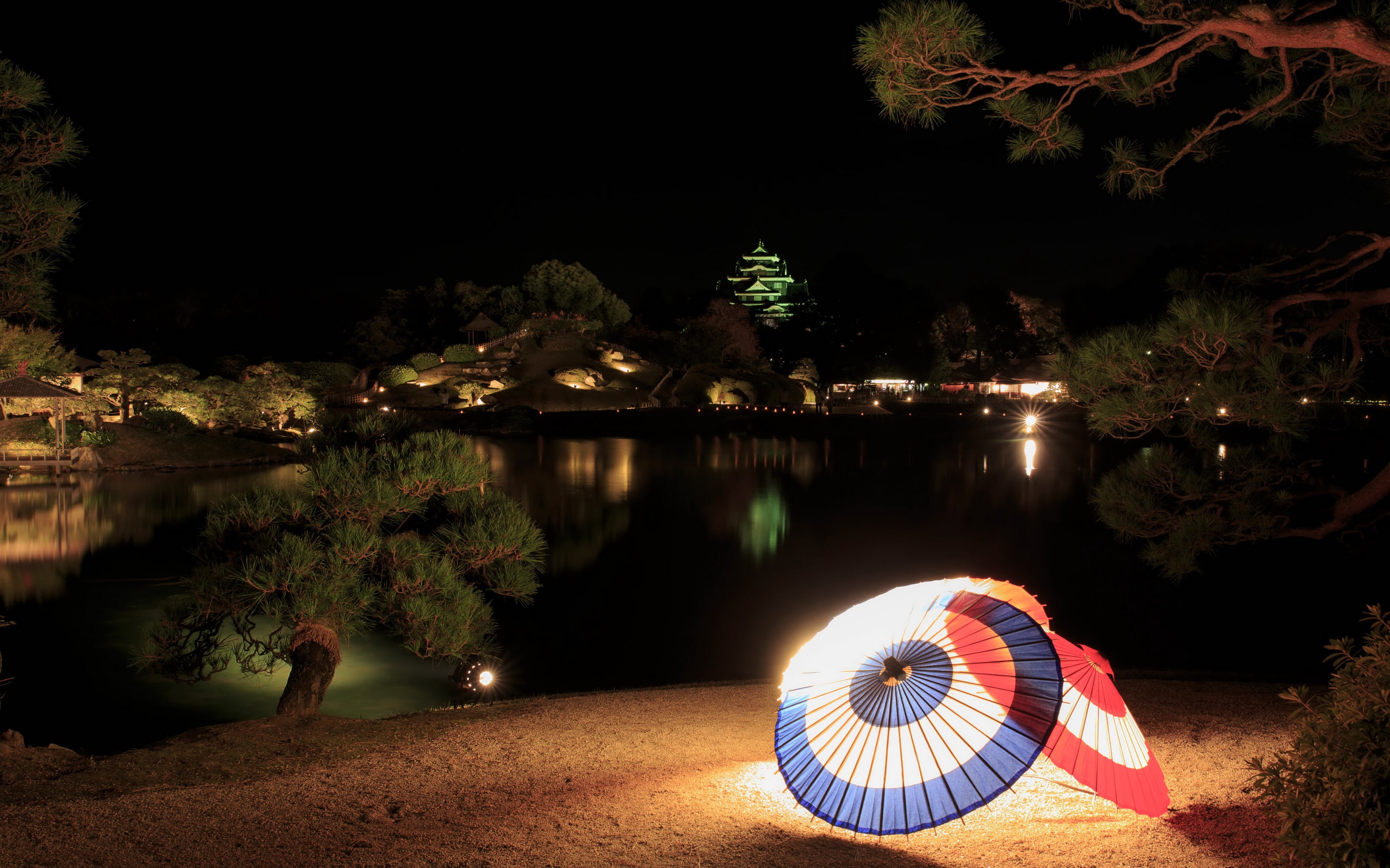 lights, night, 2K, Japan, garden, pond, Okayama, umbrellas, trees, HD Wallpaper