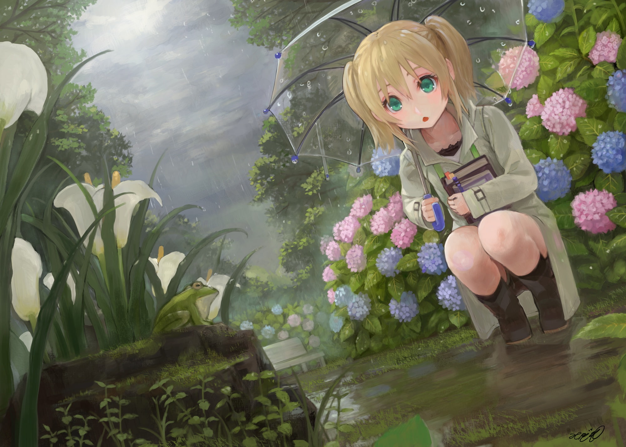 umbrella, flowerbed, garden, girl, 1080P, frog, flowers, rain, HD Wallpaper