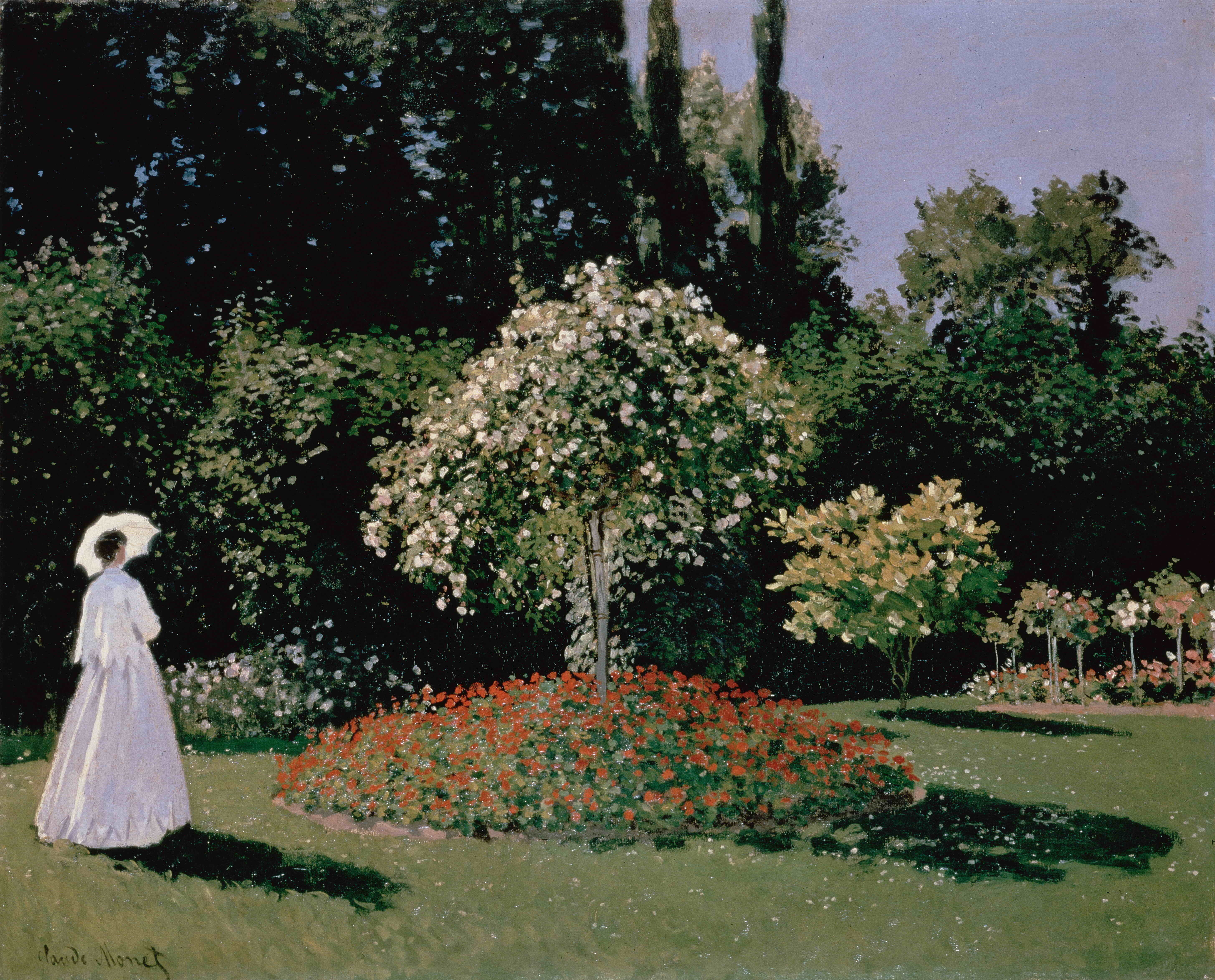 Sainte-Adresse, the sky, trees, umbrella, Woman in the Garden, 5K, woman, flowrs, dress, Monet Claude, shadow, garden, nature, summer, HD Wallpaper