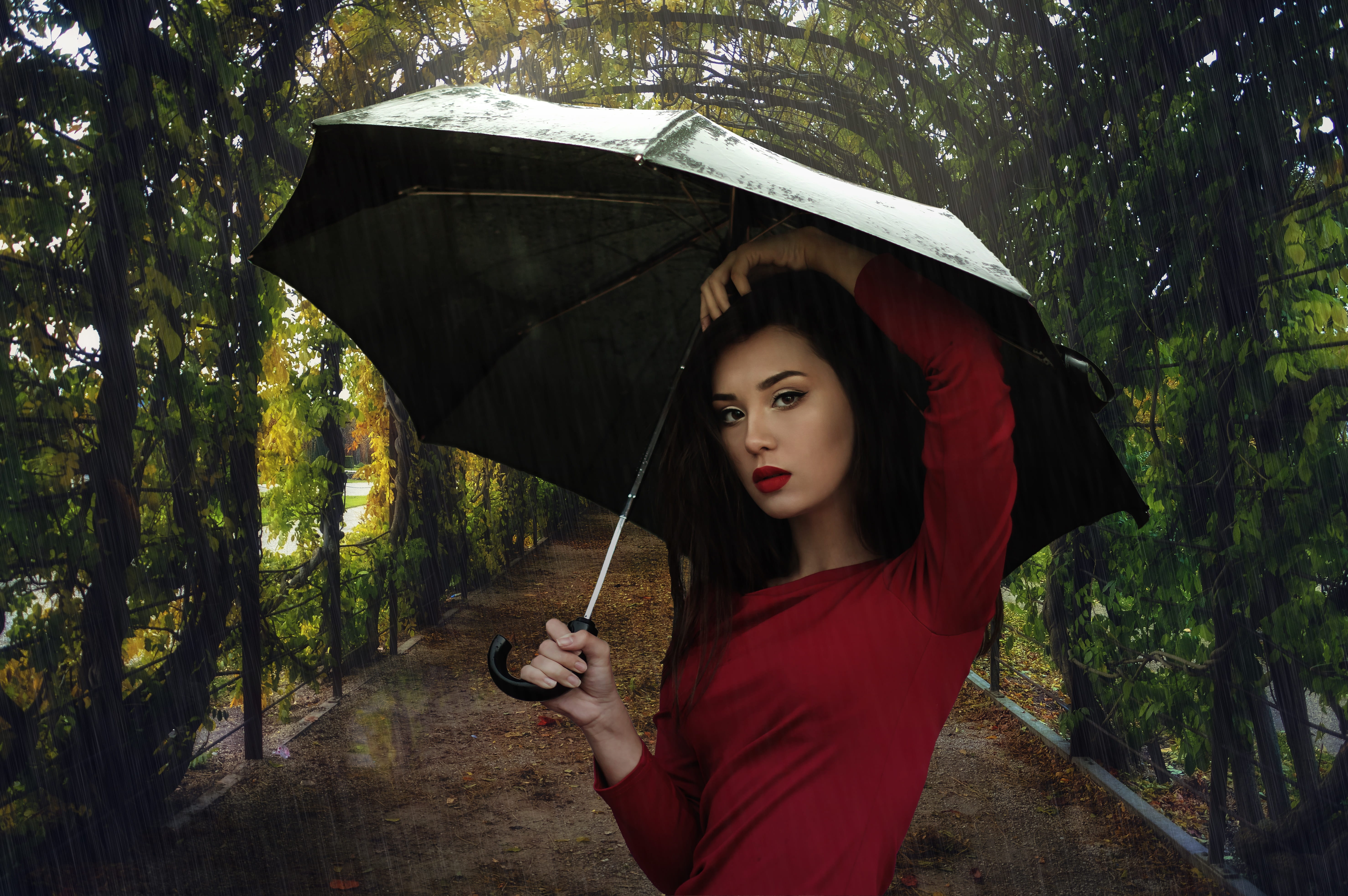 rainy season, one person, standing, plant, woman, lifestyles, leisure activity, real people, looking at camera, young adult, tree, 5K, women, rain, garden, HD Wallpaper