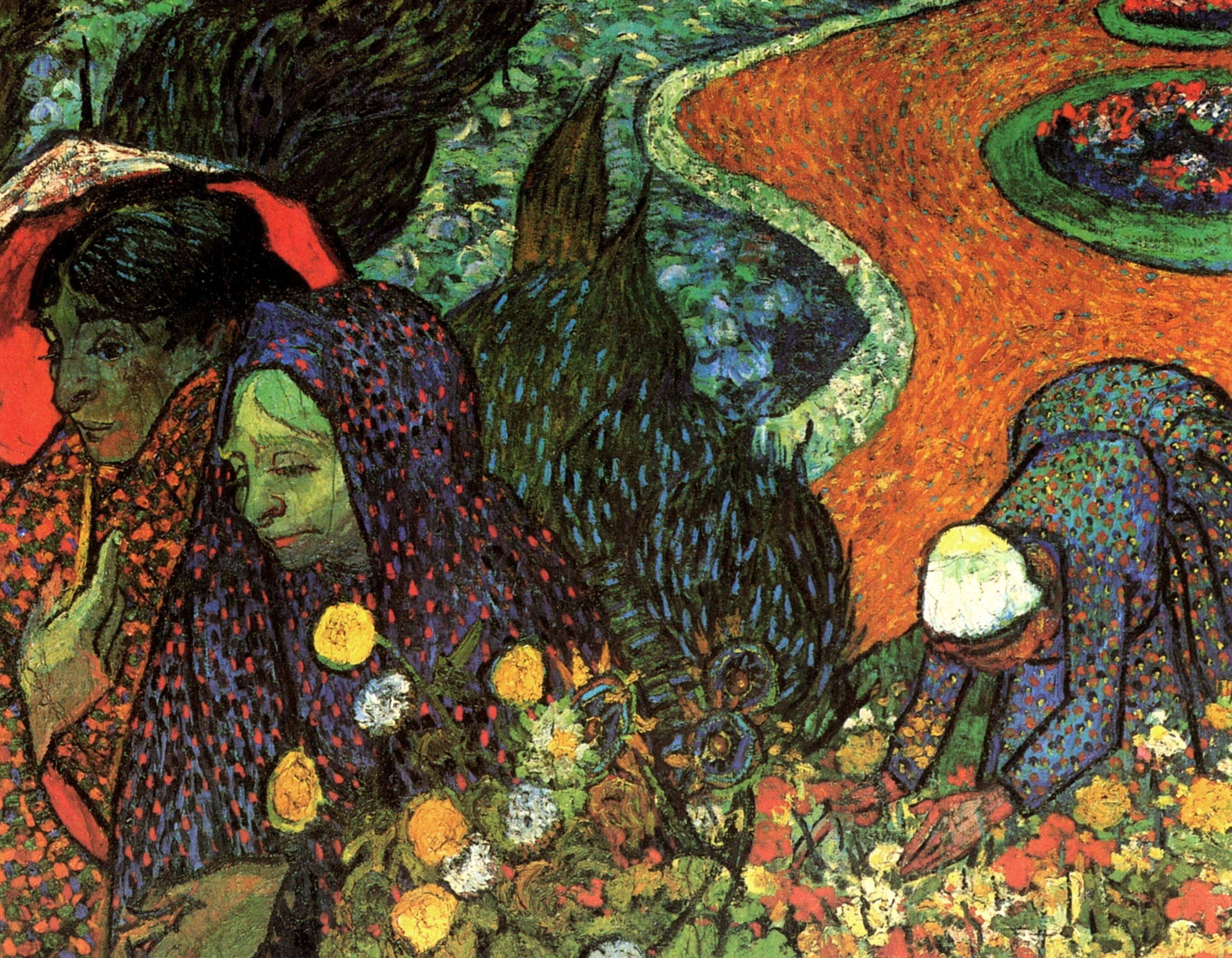 Garden at Etten, Memory of the, women, umbrella, 2K, track, flowers, Vincent van Gogh, HD Wallpaper