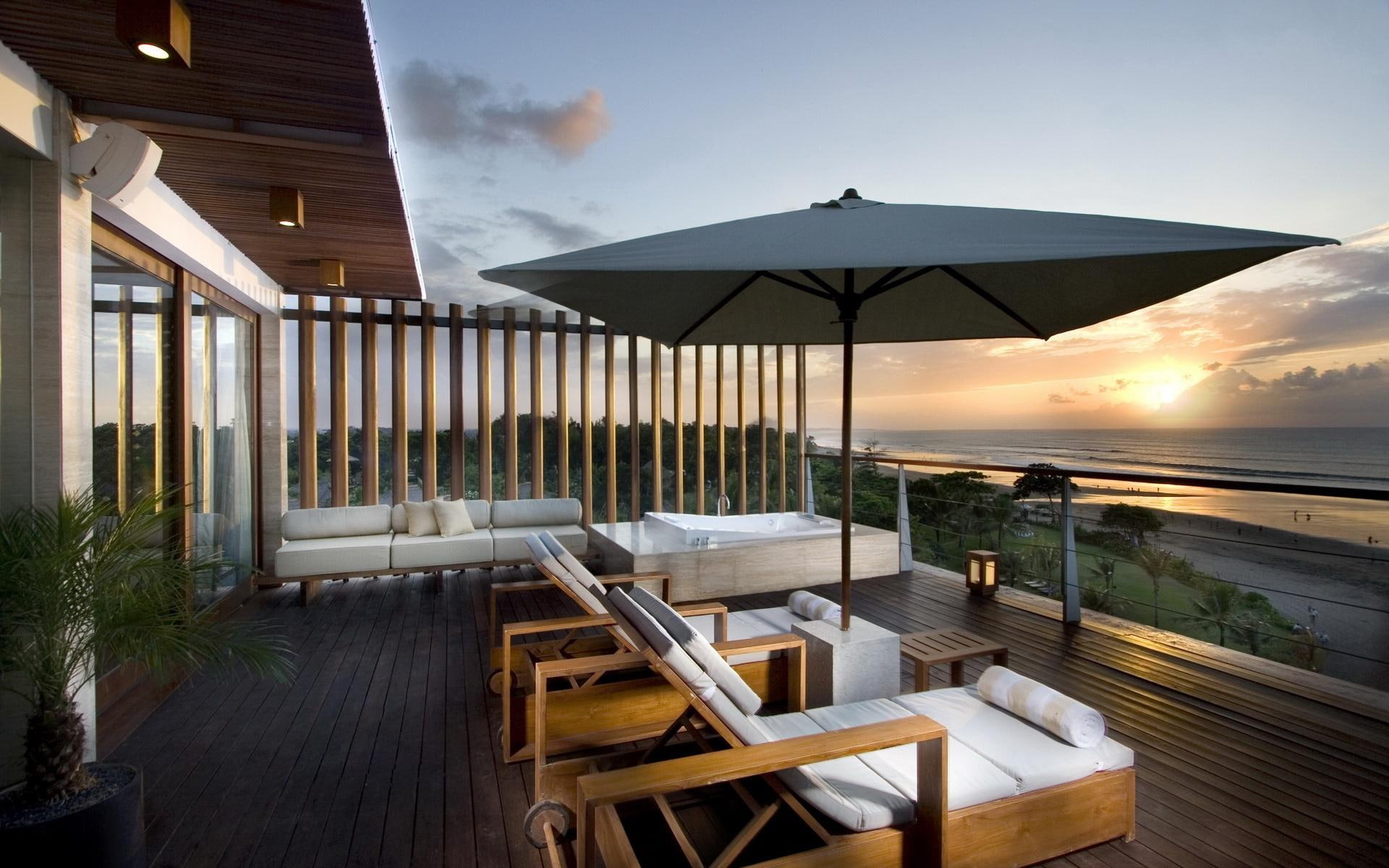 chair, sunset, shore, 1920x1200, view, photography, umbrella, patio, balcony, gray, 1080P, HD Wallpaper