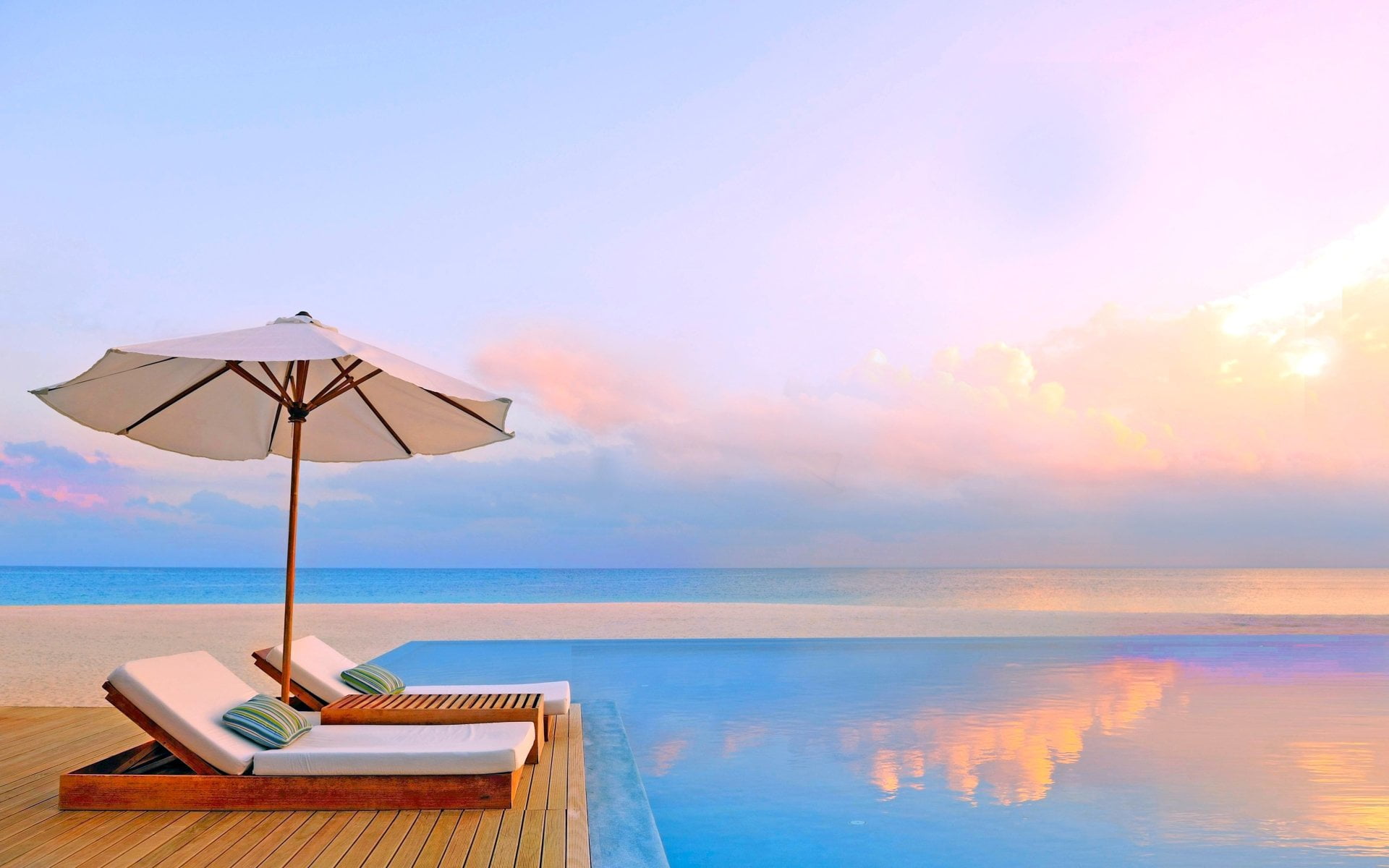 landscape, sand, swimming pool, luxury, tranquil Scene, outdoors, relaxation, horizon Over Water, beauty In Nature, Turquoise, 1080P, sunset, beach, Summer, HD Wallpaper