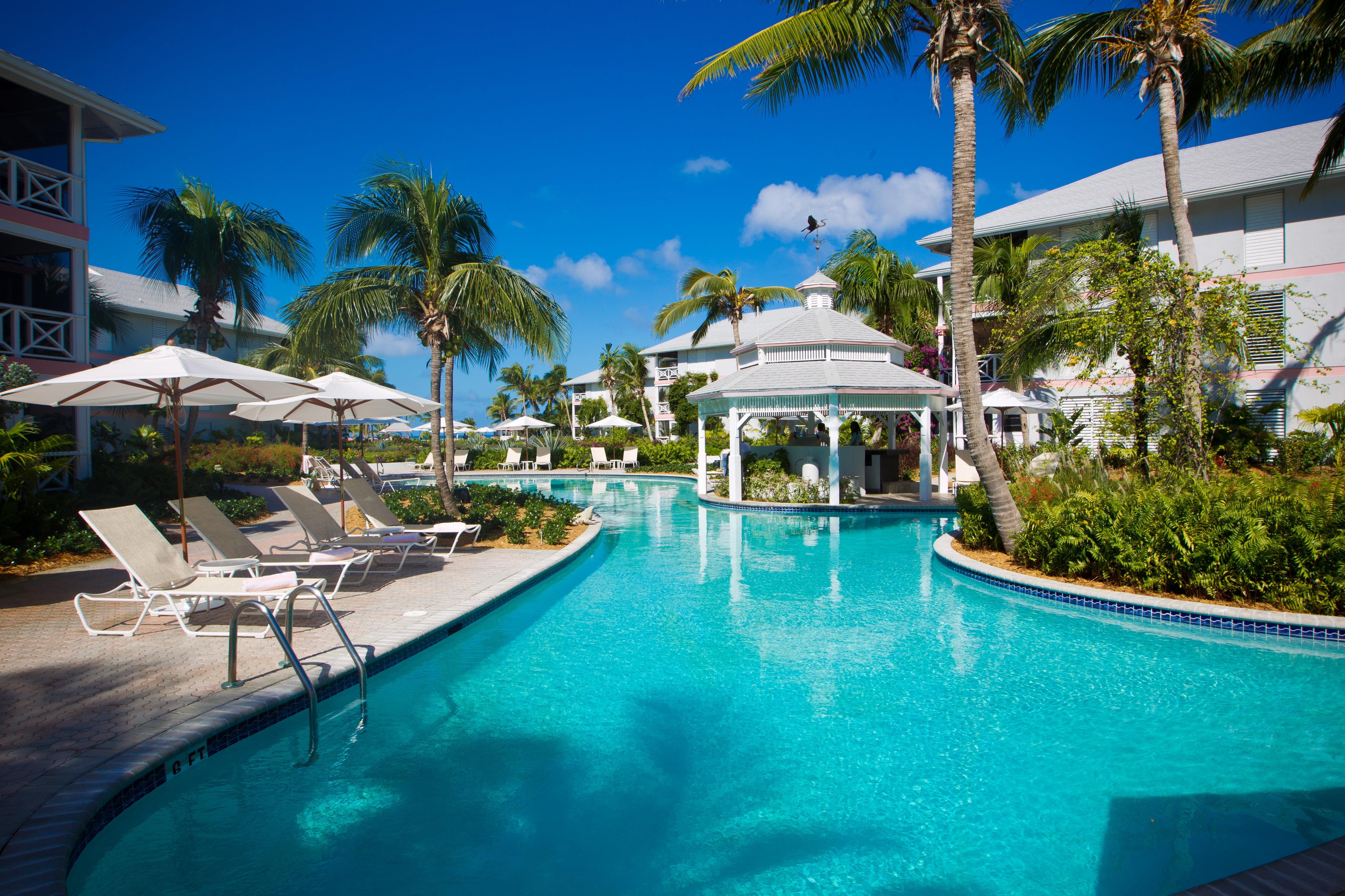 pool, luxury, tree, lounge, nature, chair, lounge chair, patio, travel, parasol, no People, architecture, palm, leisure Activity, white, blue, trip, swimming Pool, HD Wallpaper