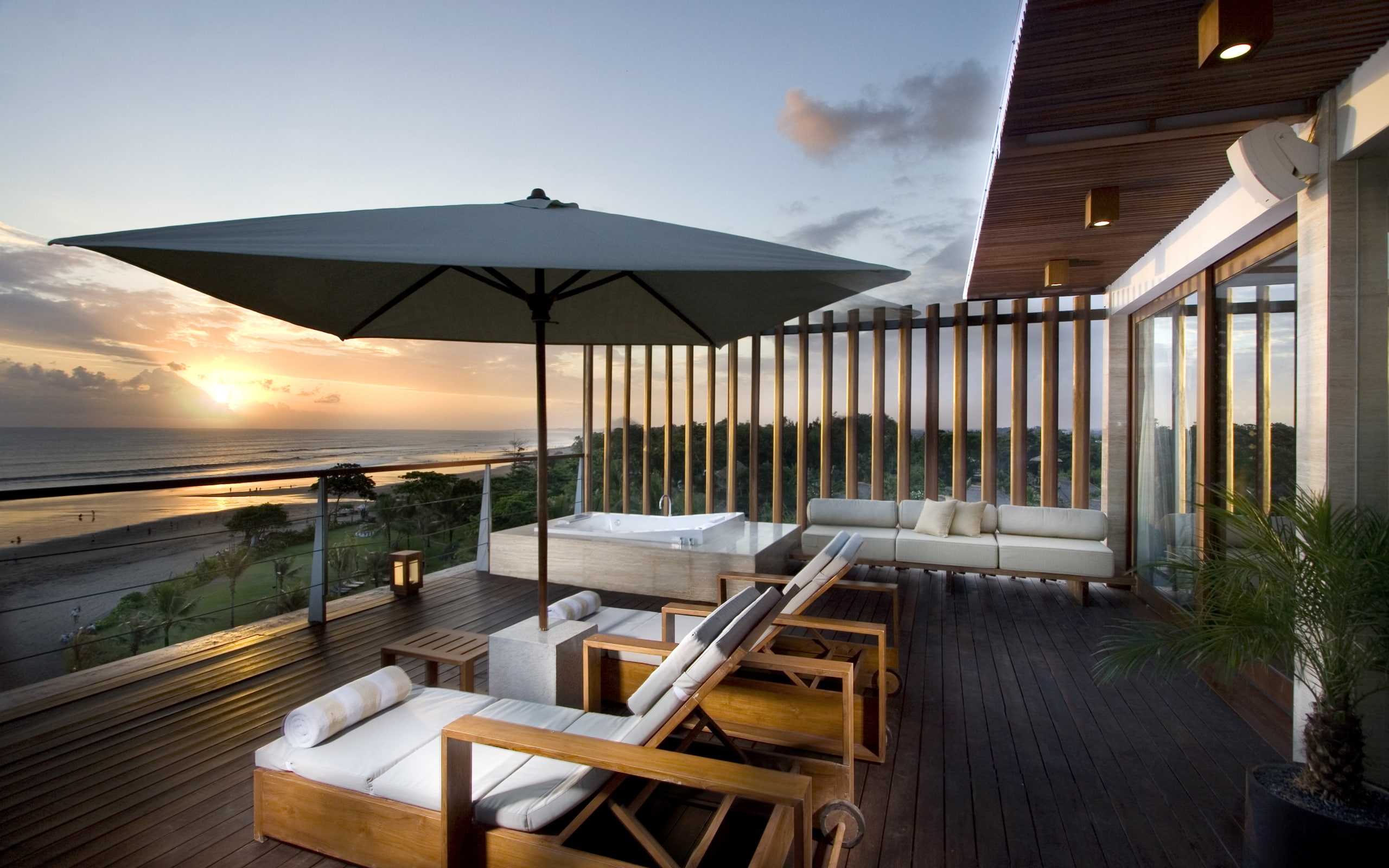 chaise, umbrella, patio, furniture, summer, lunger, house, teracce, modern, 2K, grey, chairs, brown, HD Wallpaper