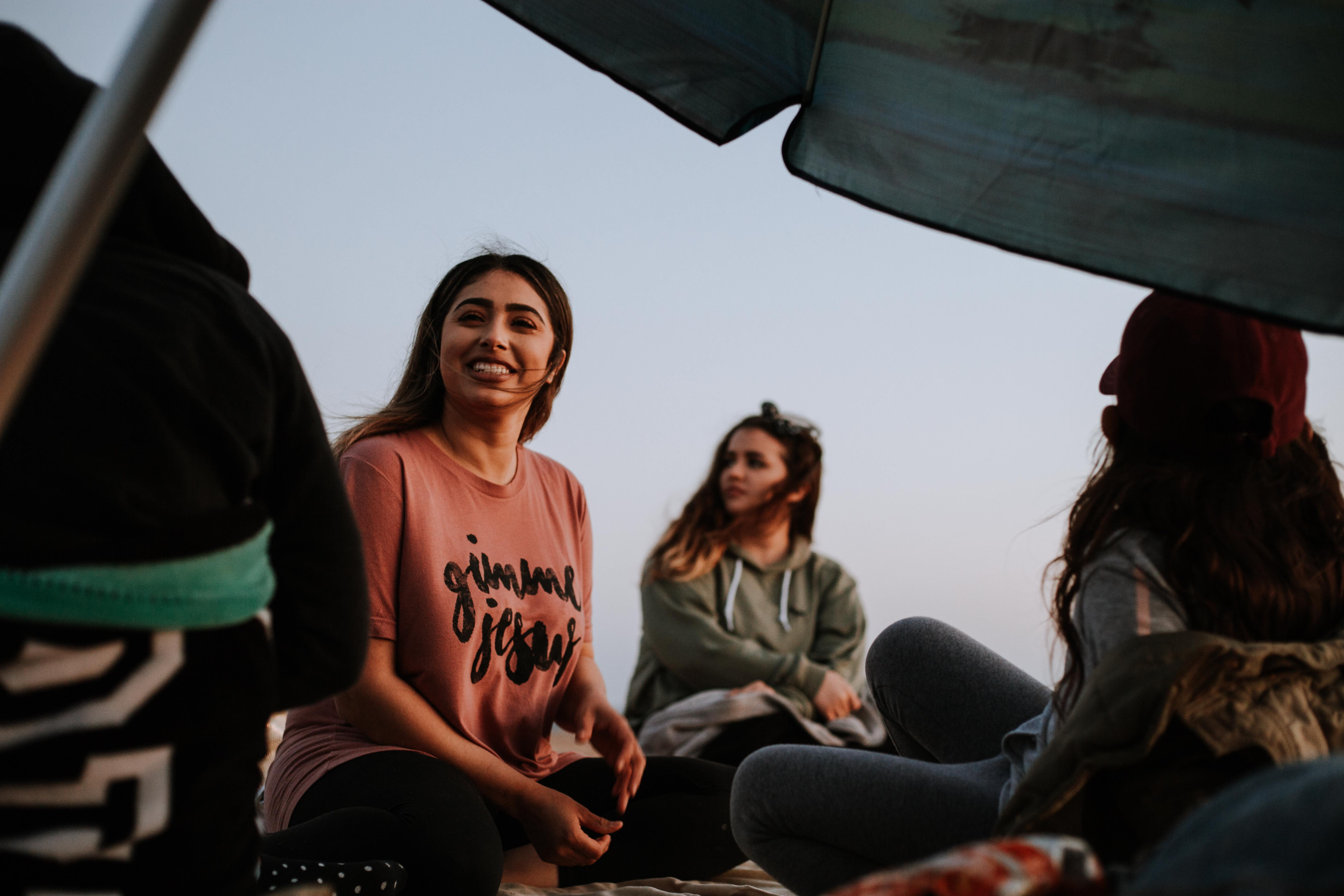 umbrella, adult, mexican, emotion, female, holiday, happiness, woman, sitting, relax, three, friendship, smile, tshirt, young adult, friend, fun, beach, HD Wallpaper