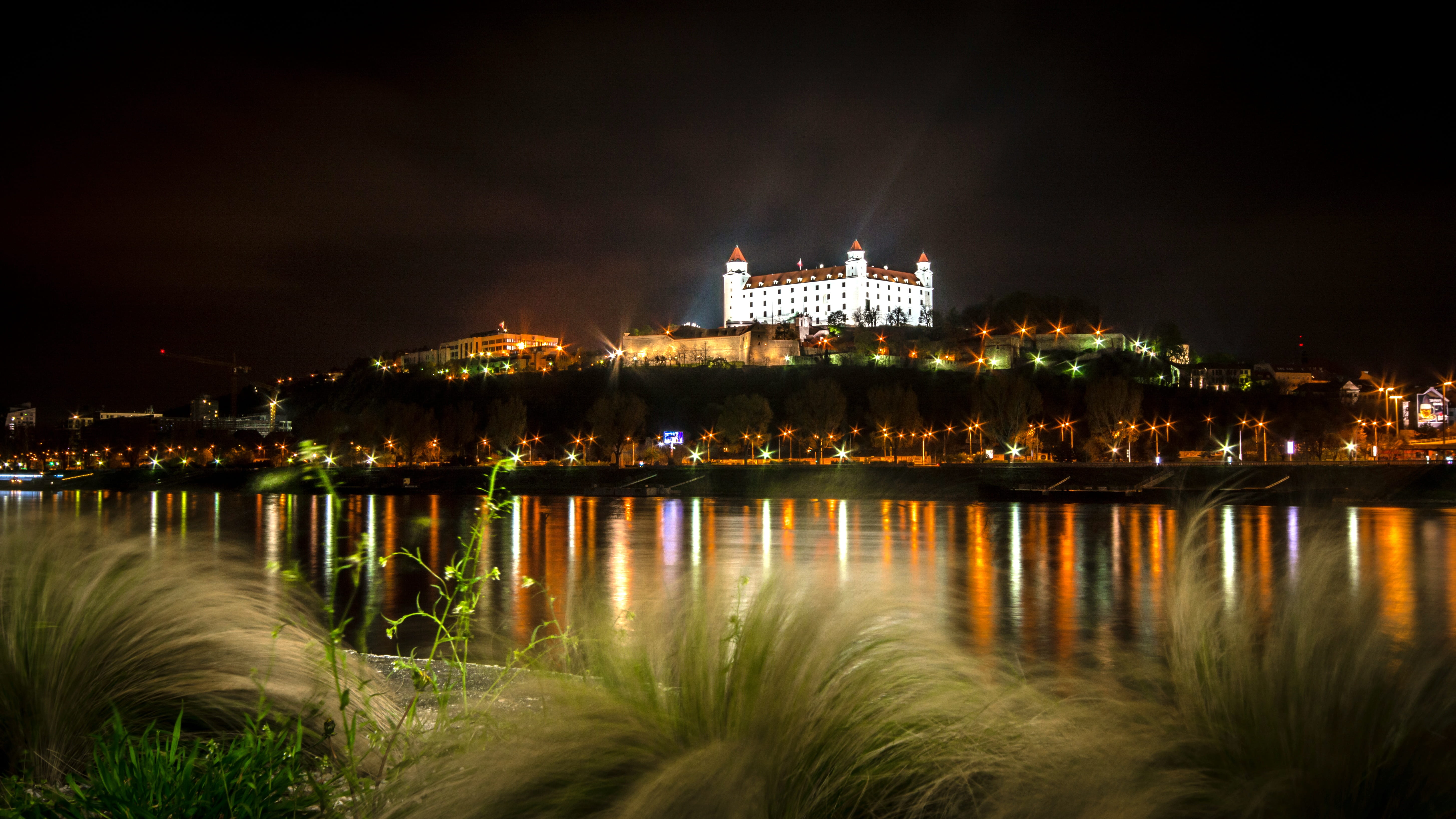 River, slovakia, nighttime, grass, no people, building exterior, near, 5K, water, illuminated, building, lighted, lights, history, Bratislava, reflection, HD Wallpaper