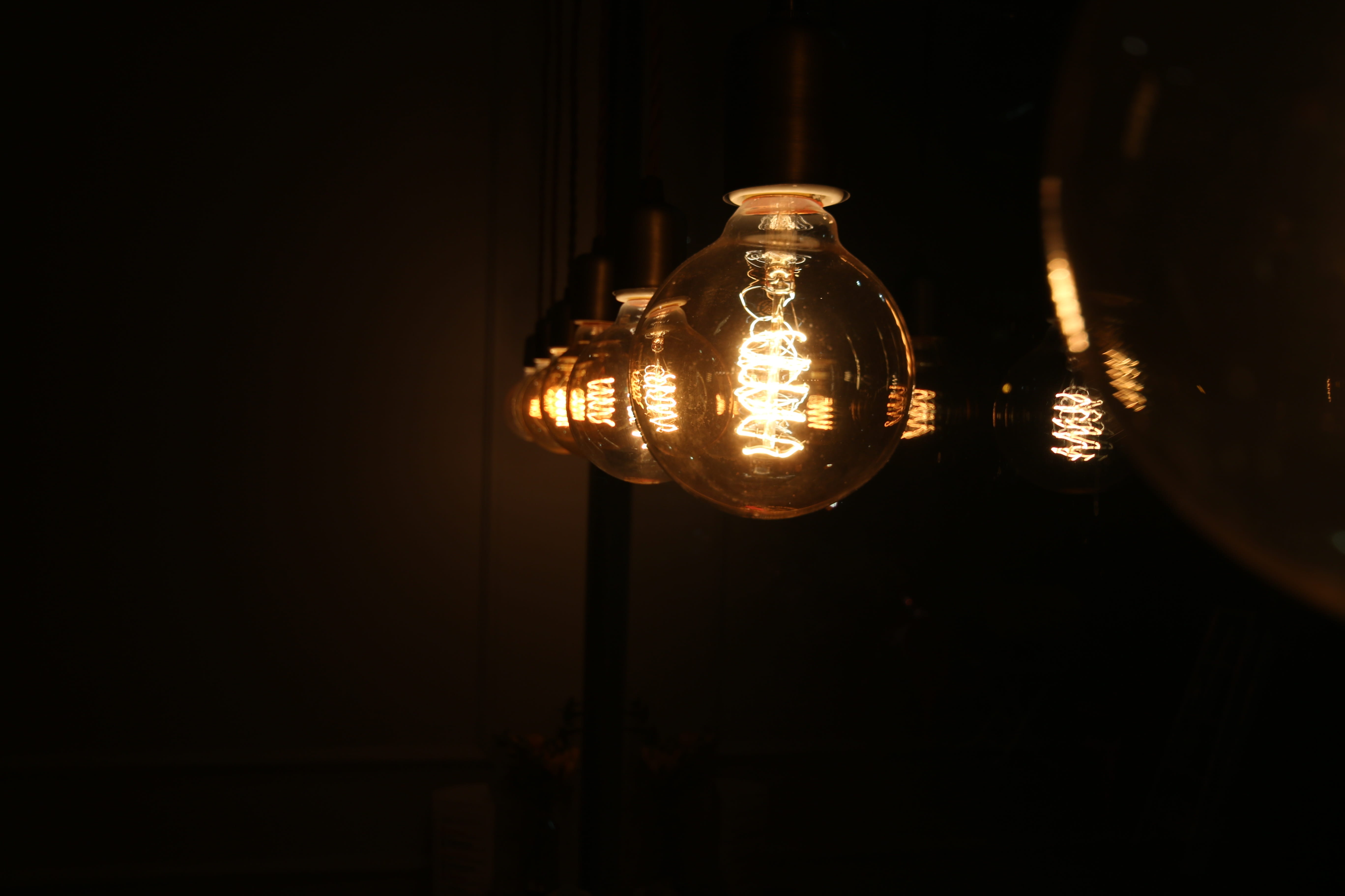 glowing, night, night view, reflection, darkroom, light, filament, lantern, technology, domestic room, night-time, dark, chandelier, indoors, bulbs, electrical equipment, HD Wallpaper
