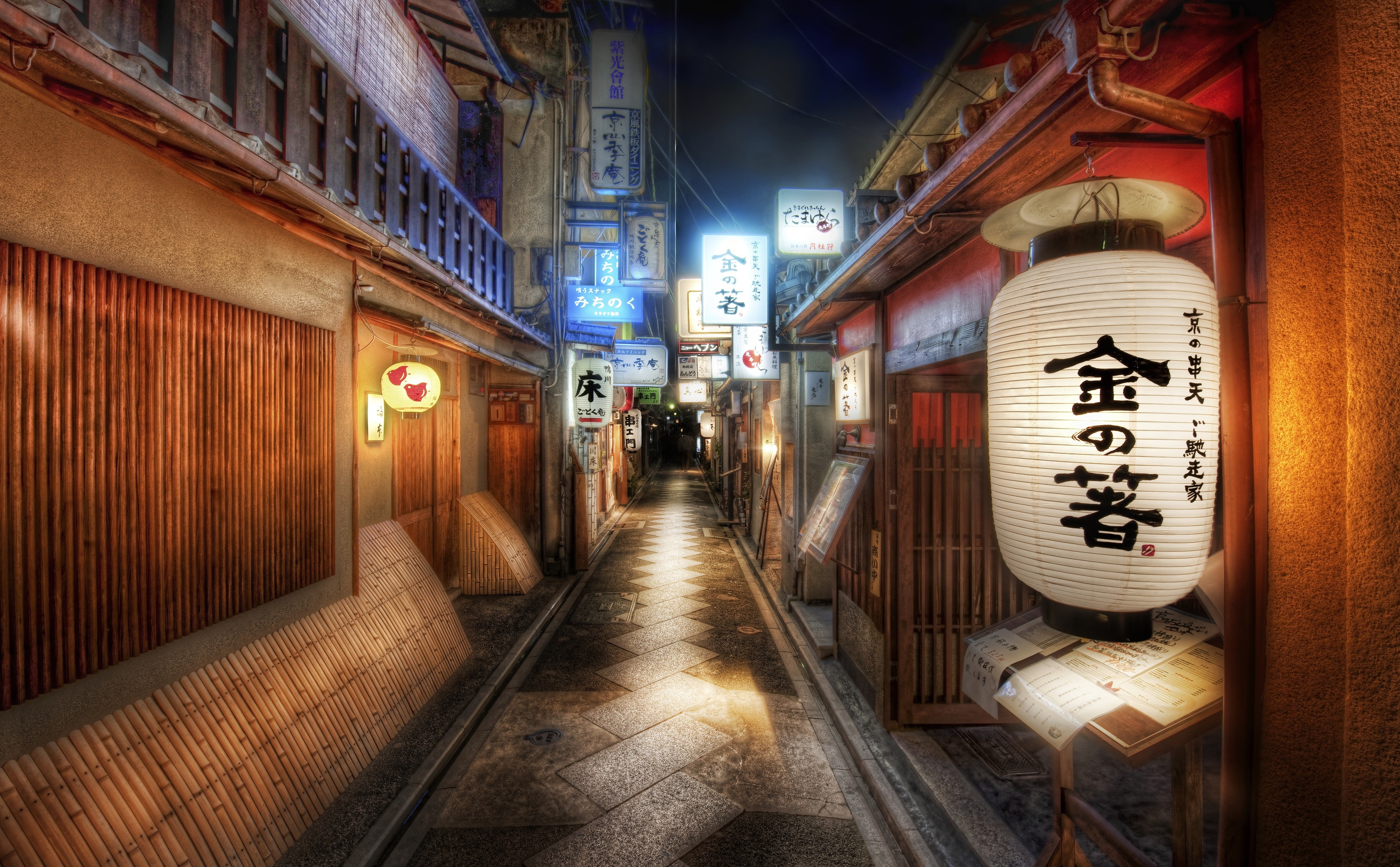 5K, anime, night, Lights, Cityscape, hdr, architecture, building, bamboo, Lantern, street, Japan, Japanese, clouds, city, HD Wallpaper