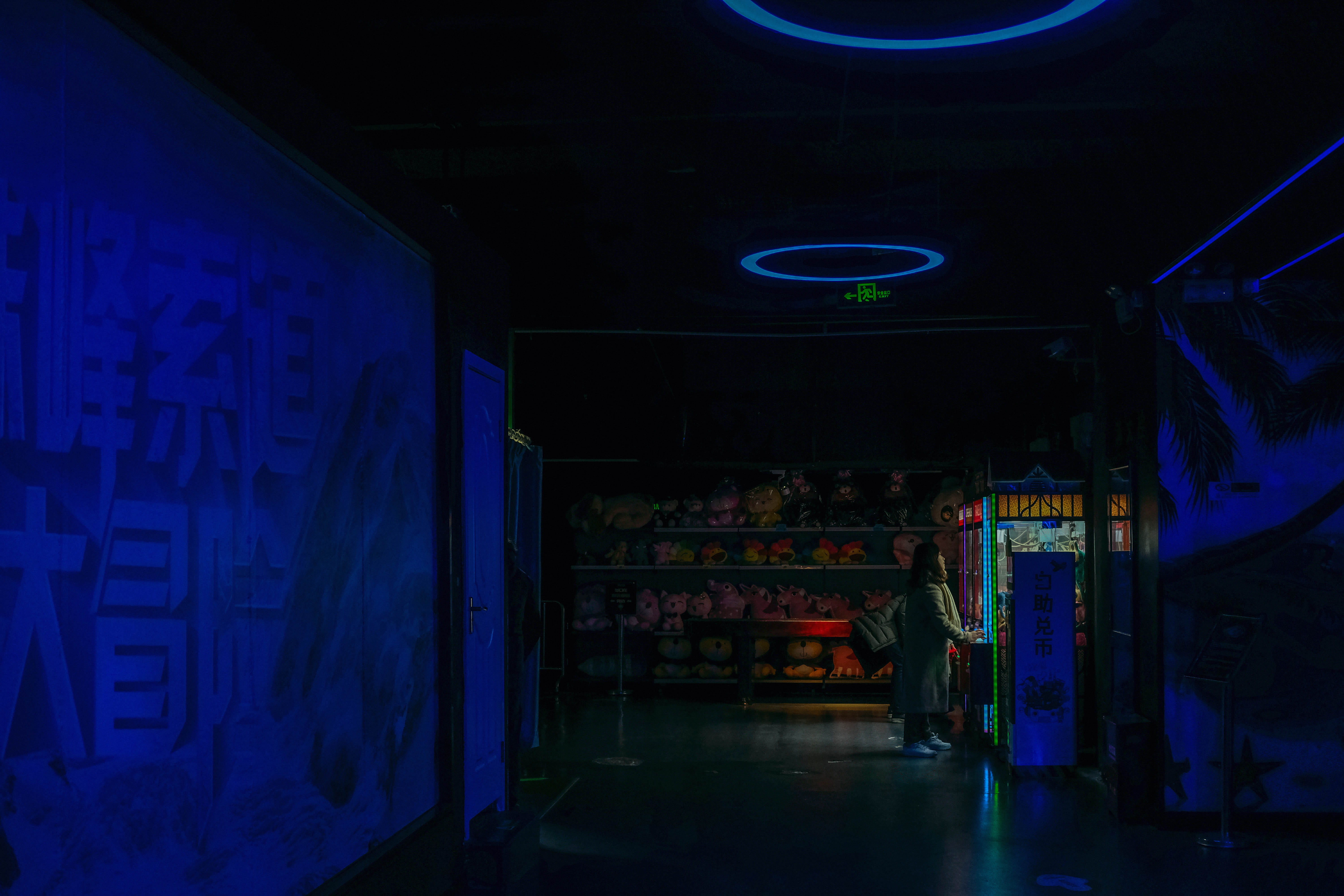 man, illuminated, ceiling, using, claw, machine, built structure, front, large group of objects, indoors, blue, no people, arts culture and entertainment, HD Wallpaper