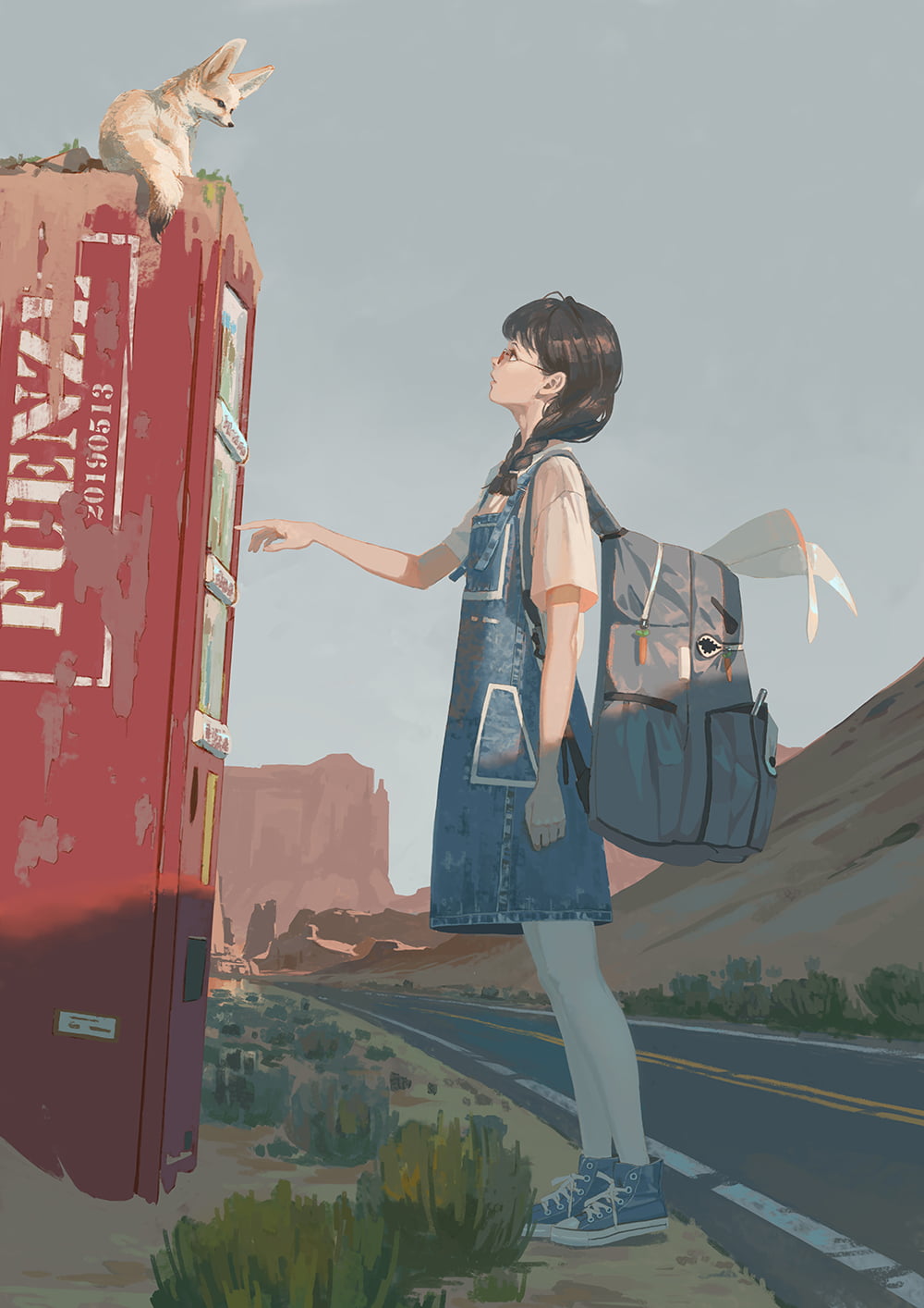 dark hair, 720P, fox, vending machine, anime girls, glasses, original characters, desert, anime, Phone HD Wallpaper