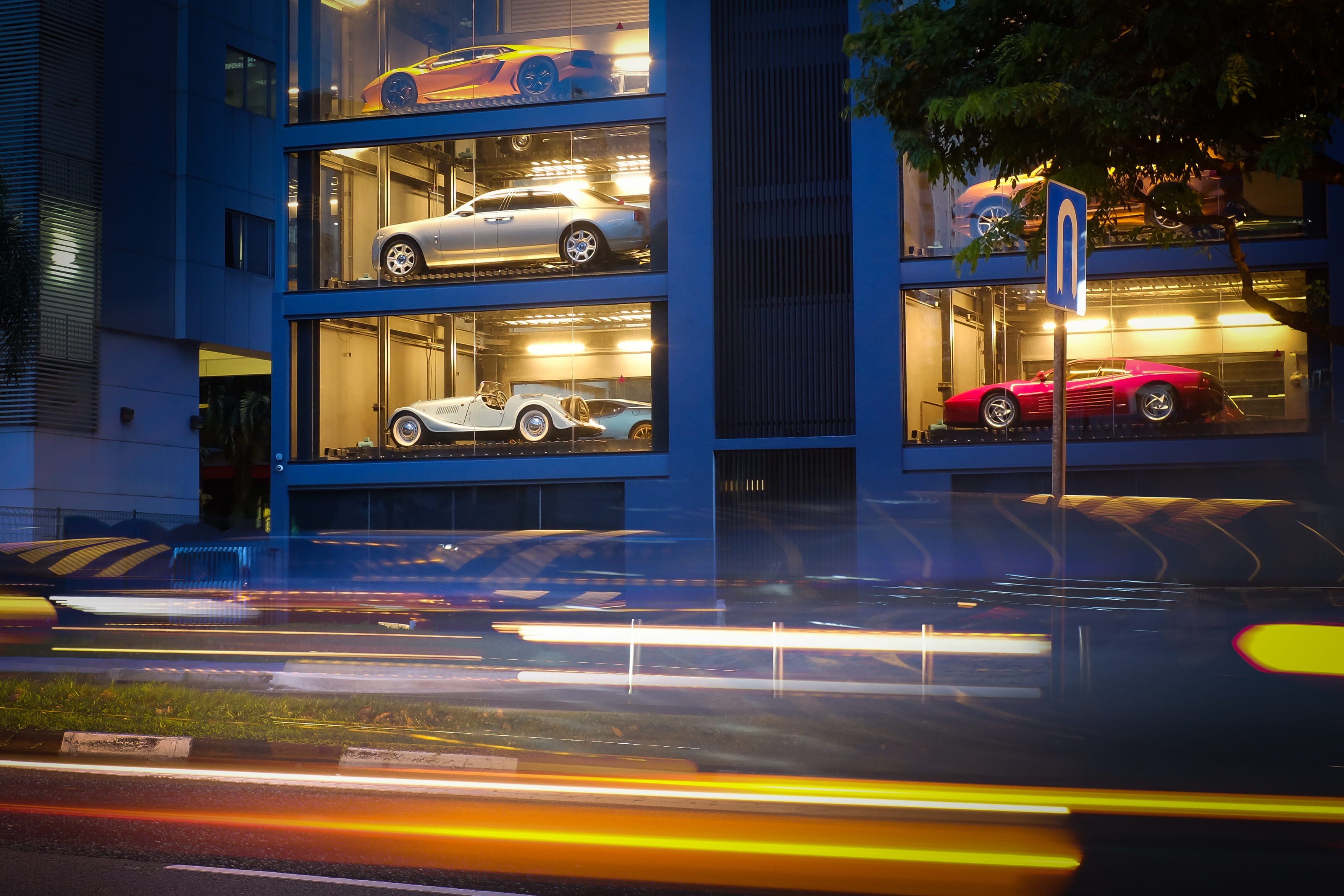 bentley, street, lamborghini, road, outdoors, morgan, oldskool, car, land vehicle, long exposure, singapore, night, plus 4, city, glowing, motion, light trail, HD Wallpaper