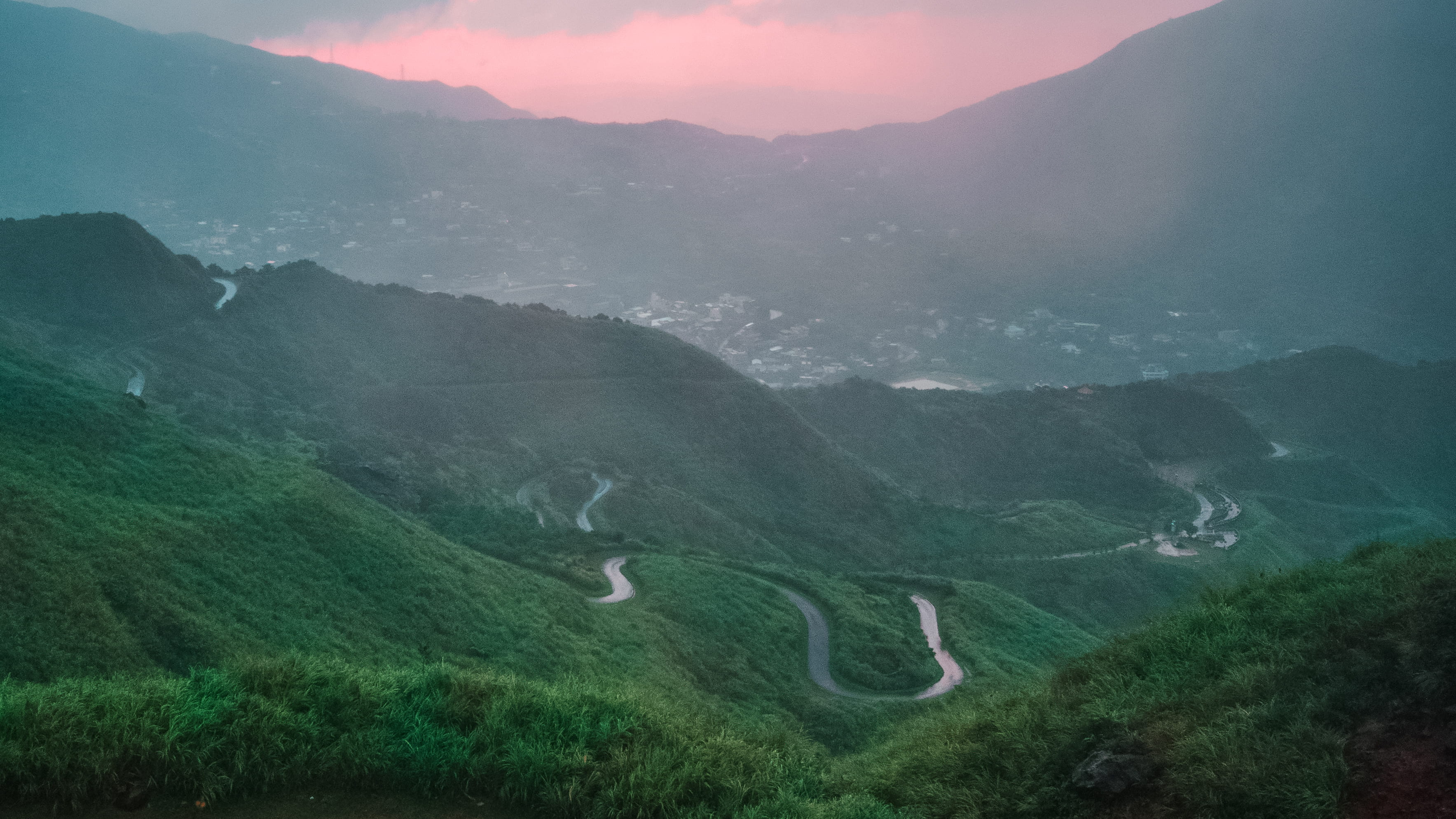 jiufen, outdoors, view, no people, aerial, land, mountain range, environment, plant, tranquil scene, nature, landscape, 2K, road, green, beauty in nature, HD Wallpaper