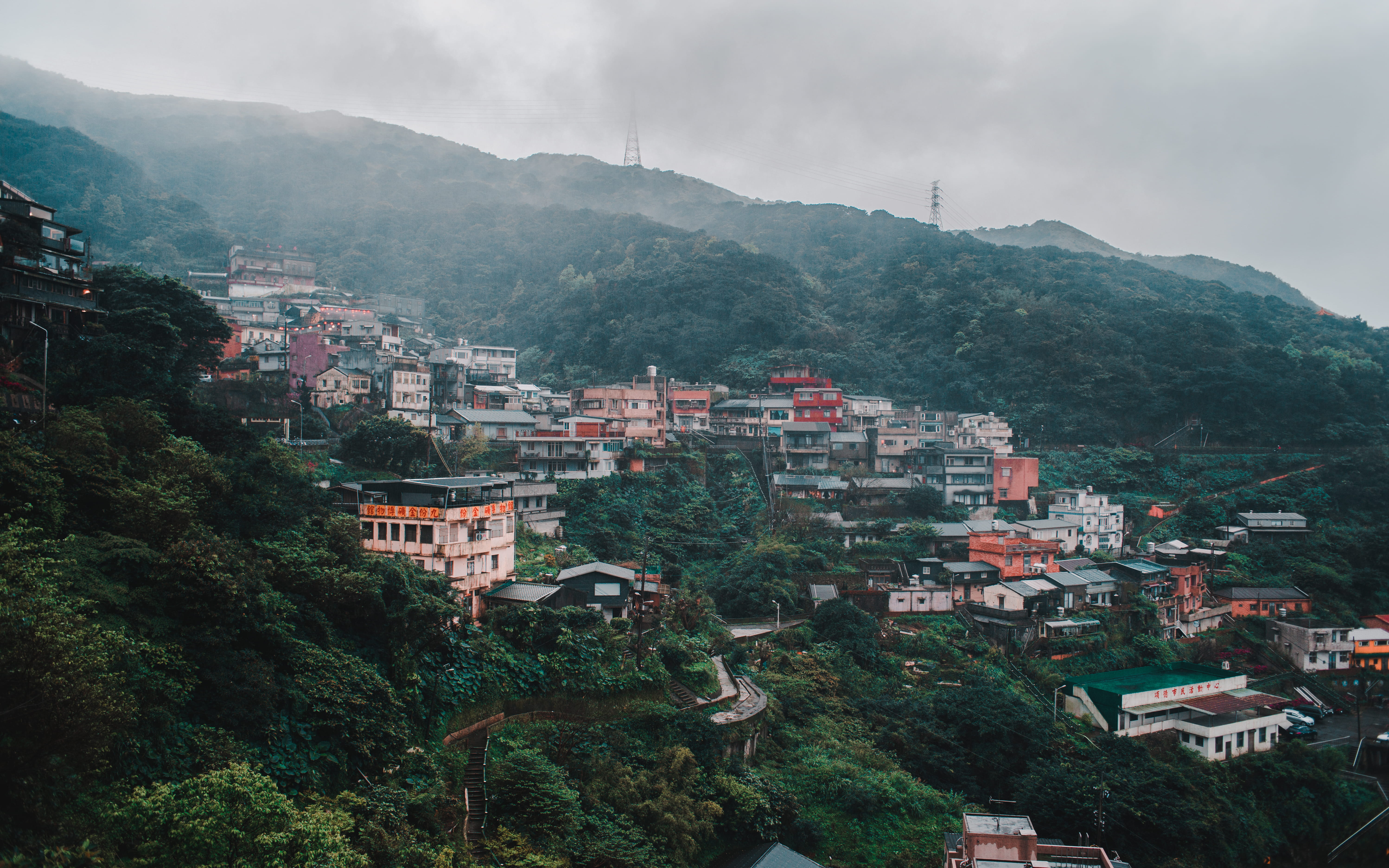 house, cityscape, 5K, land, residential district, scenery, urban, suburb, tree, mountain, building, taiwan, high angle view, landscape, building exterior, HD Wallpaper