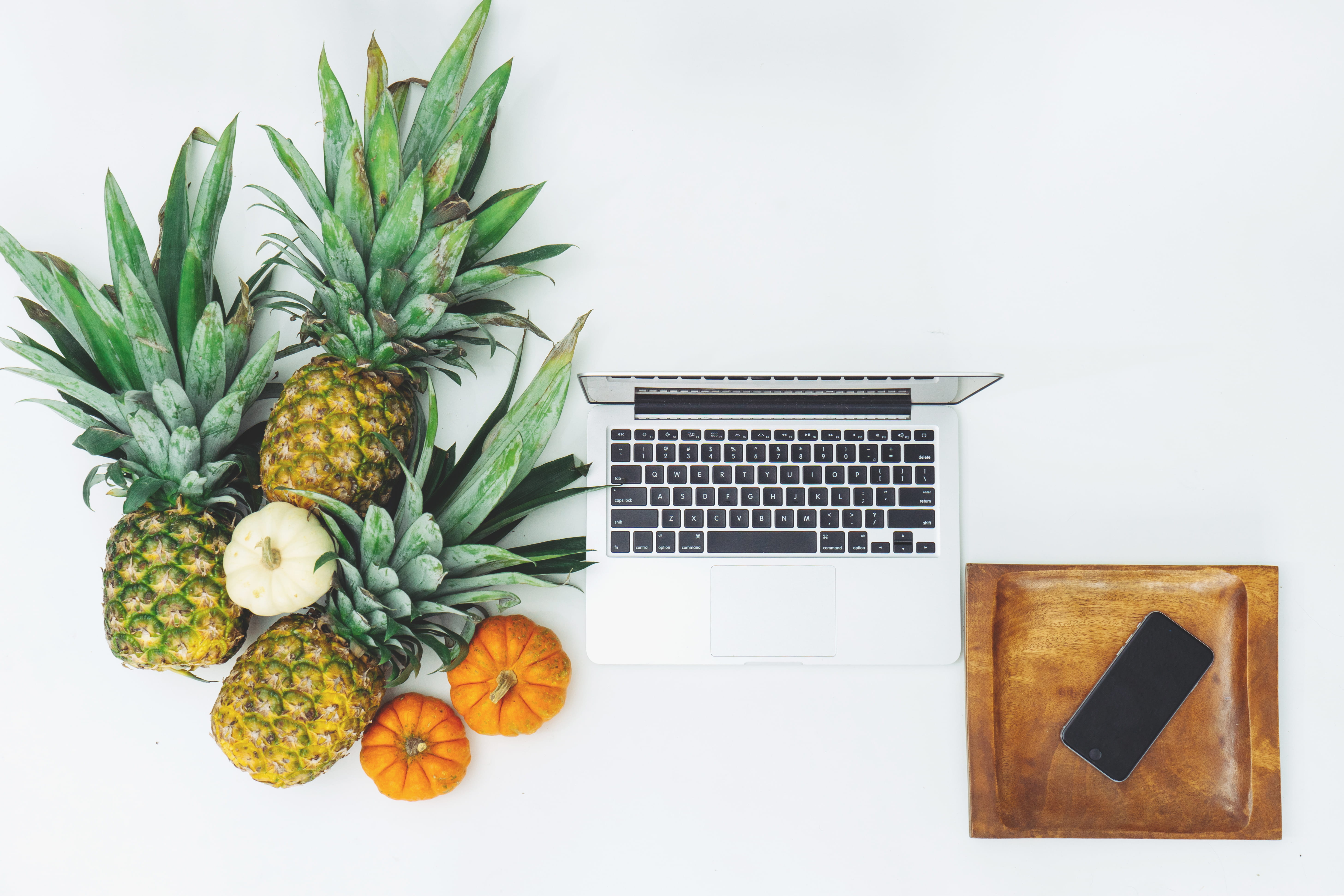 wellbeing, accessories, food and drink, laptop, 5K, banana, communication, green color, weapon, macbook, table, phone, gourd, pineapple, accessory, fruit, HD Wallpaper