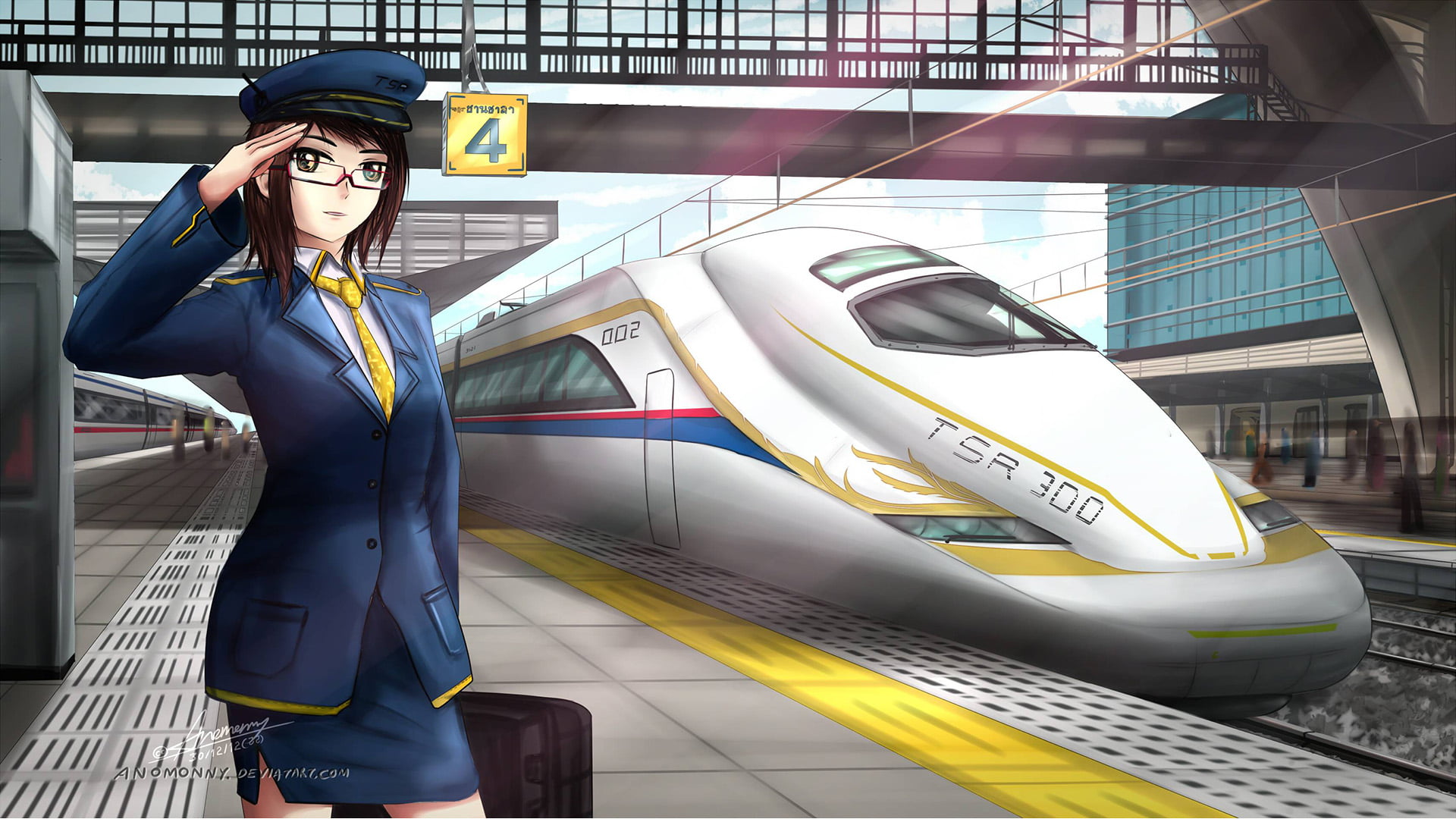 glasses, beautiful woman, communication, day, public transportation, technology, fashion, anime, public transport, architecture, adult, aviator, 1080P, HD Wallpaper