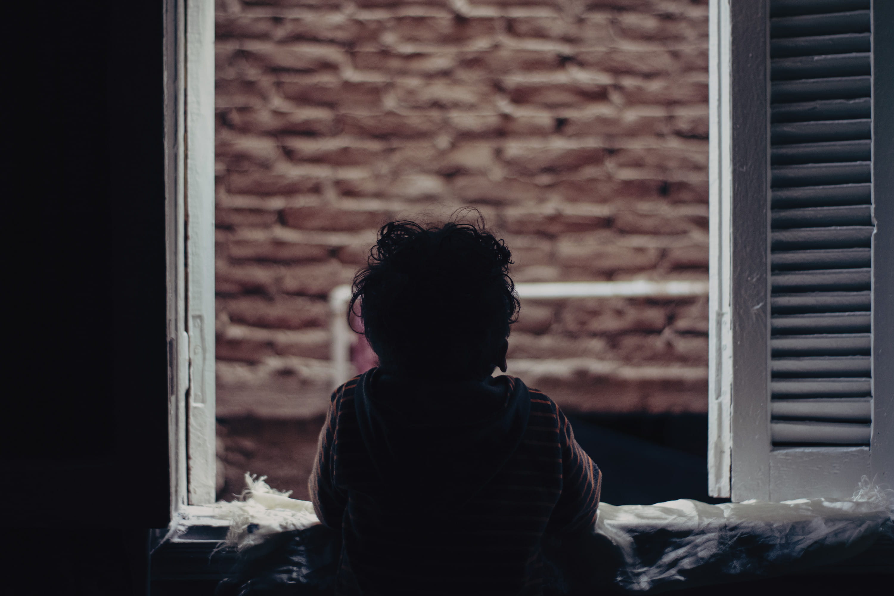 waist up, child, building, 2K, handrail, standing, lifestyles, baby, home interior, girl, window shade, banister, brick, contemplation, undershirt, real people, HD Wallpaper