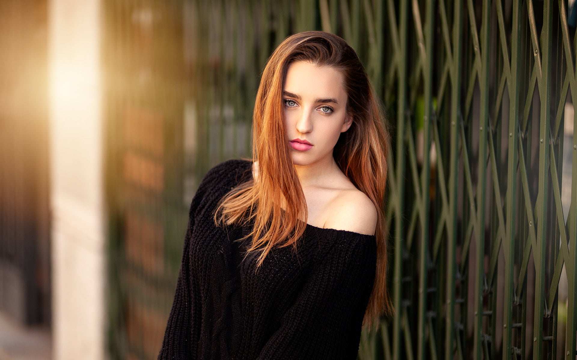 women, Eric Vend, face, portrait, women outdoors, long hair, blue eyes, brunette, sweater, 1080P, HD Wallpaper