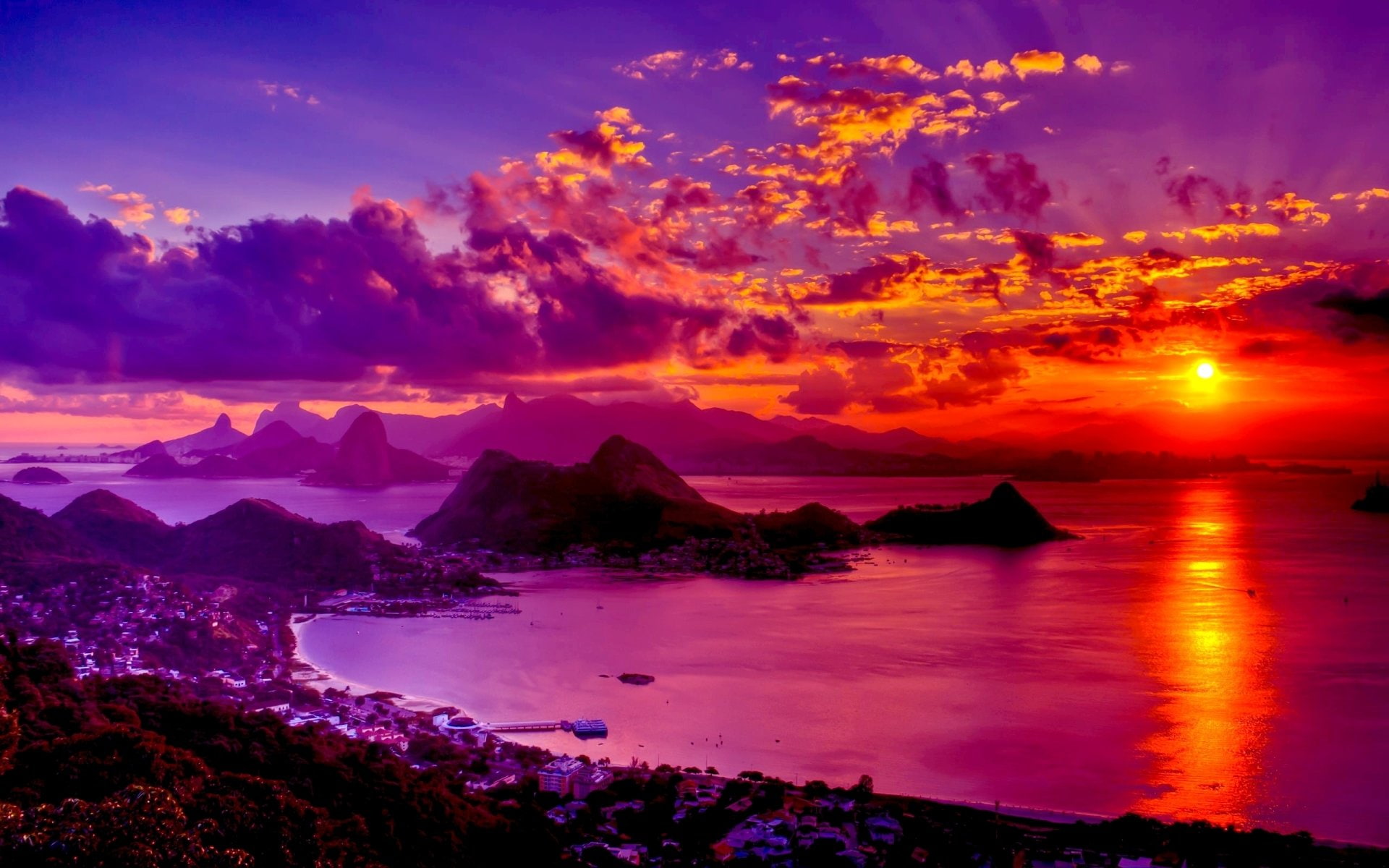 1080P, Rio De Janeiro, Sunset, Earth, Rock, Orange, Purple, Ocean, Cities, Sea, Gold, Sky, HD Wallpaper