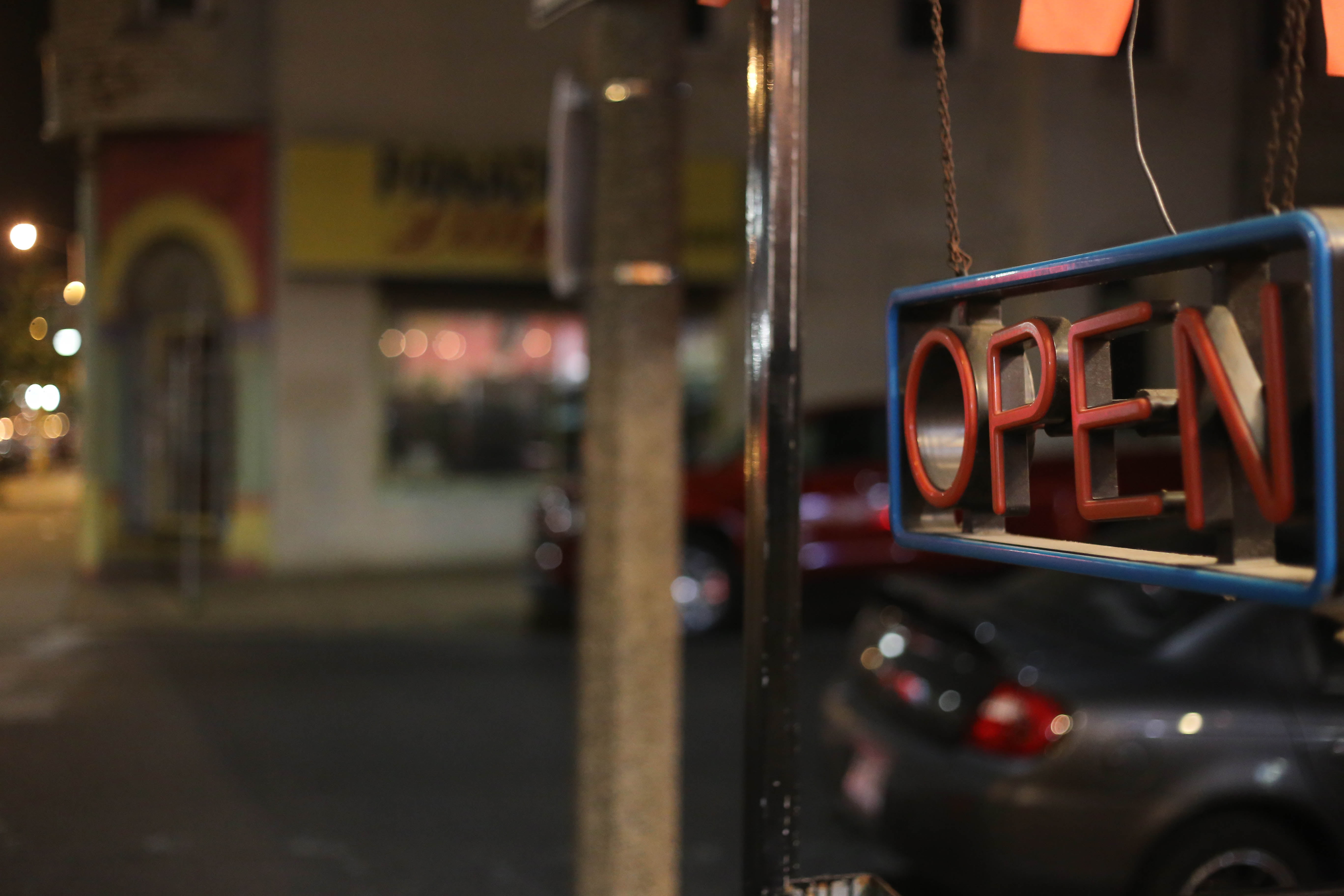 taxi, car, blur, land vehicle, open, red, street, no people, architecture, illuminated, western script, 5K, sign, city, mode of transportation, communication, HD Wallpaper
