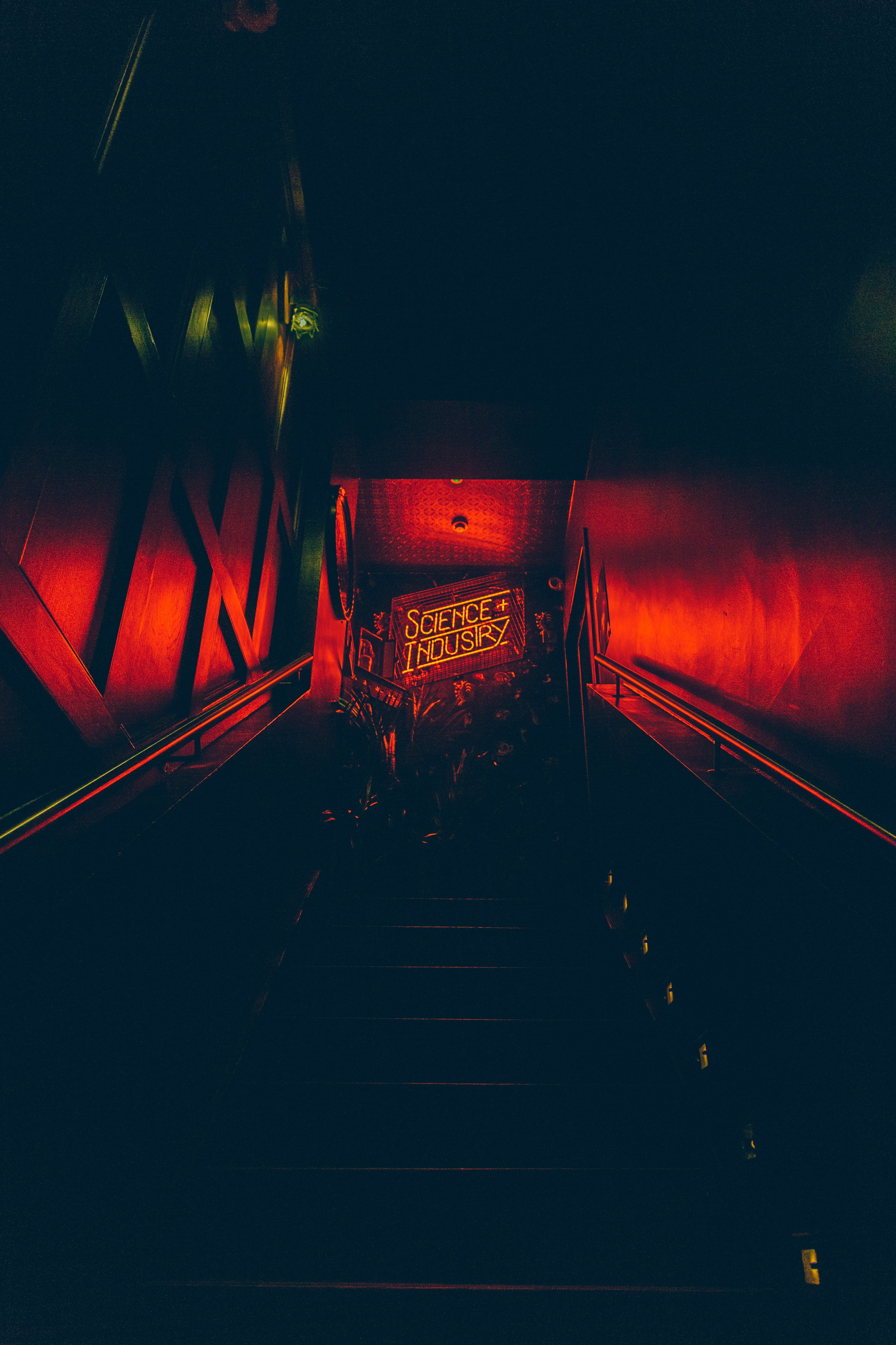 steps and staircases, the way forward, neon, night, lighting equipment, transportation, no people, illuminated, direction, dark, 4K, built structure, signboard, Phone HD Wallpaper