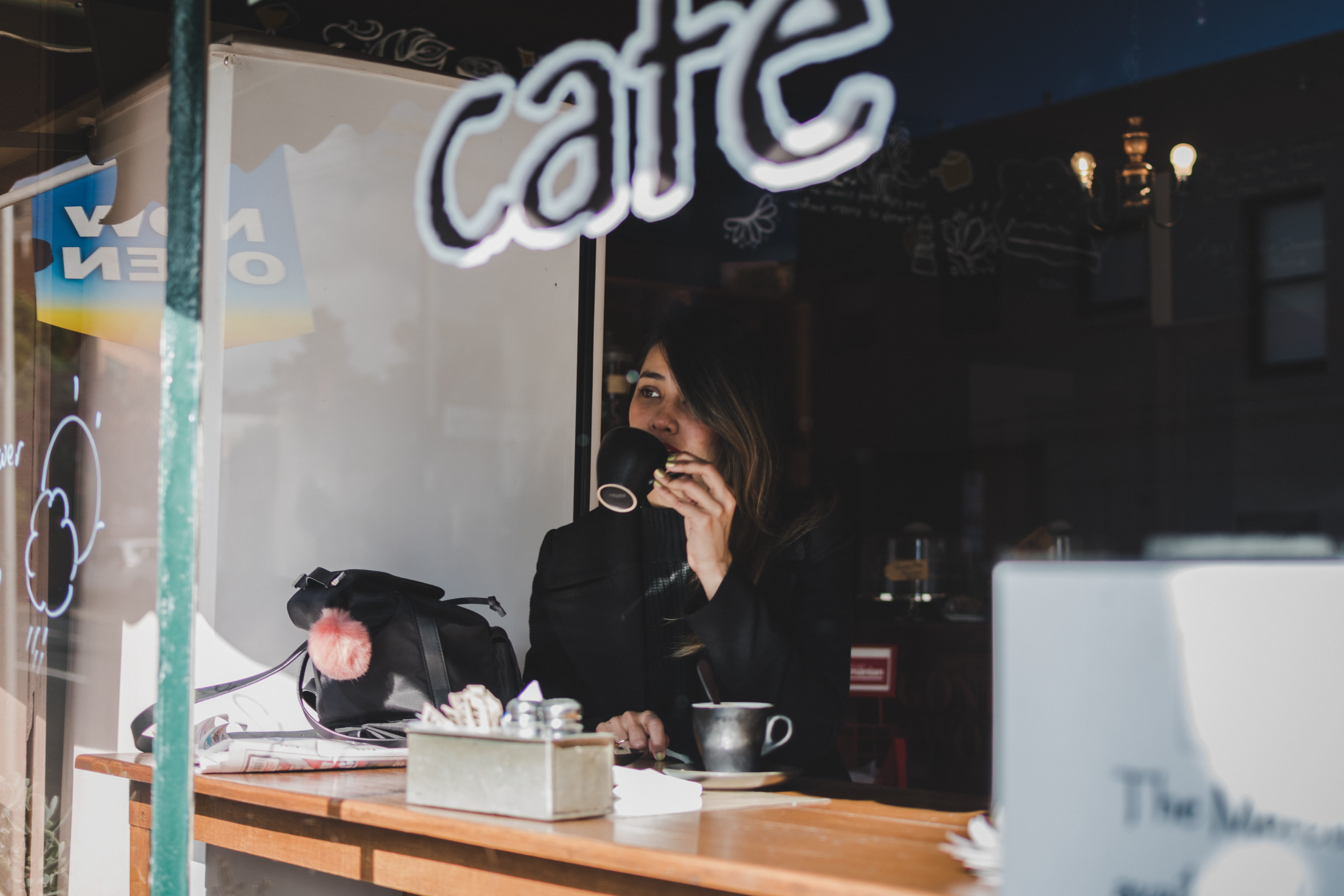 sign, mug, food and drink, female, waist up, coffee, adult, woman, glass, brown, coffee shop, standing, real people, business, women, tea, cafe, indoors, HD Wallpaper