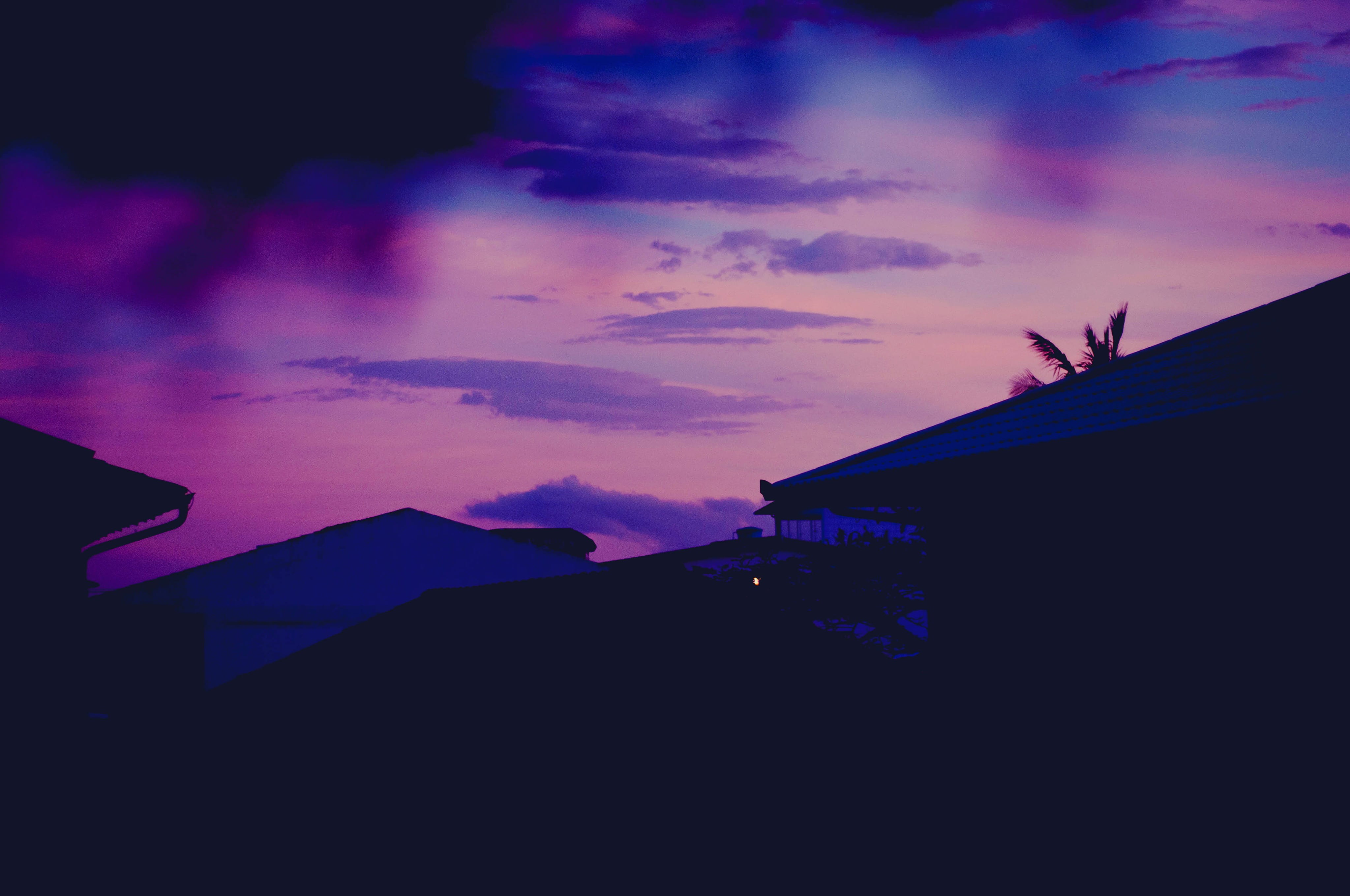 beauty in nature, standing, no people, purple, dusk, night, architecture, silhouette, built structure, scenics - nature, roof, 4K, building exterior, sunshine, HD Wallpaper