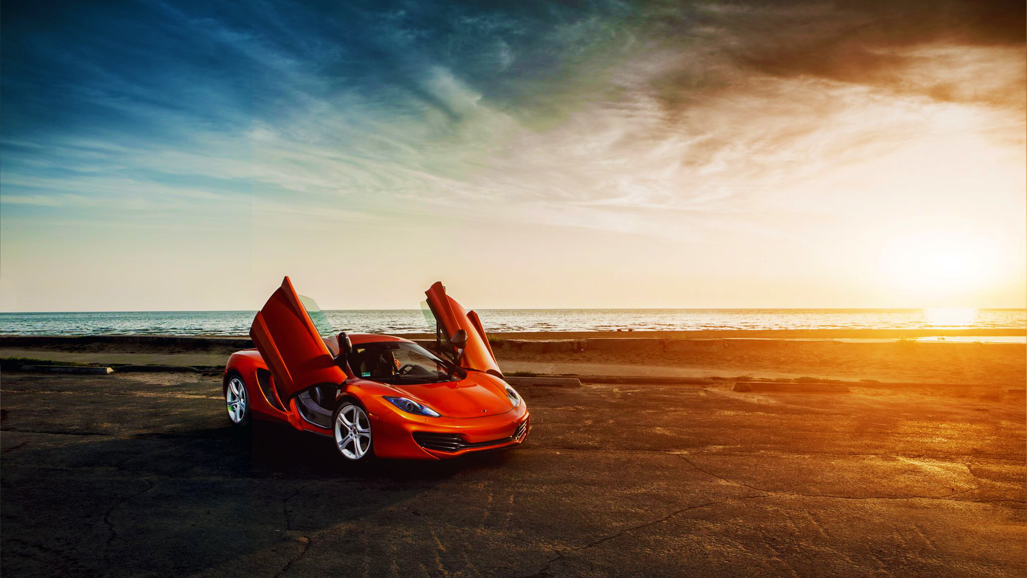 Orange, Supercar, Sea, Beauty, 1080P, McLaren, Sky, Sunset, Clound, Front, MP4-12C, Doors, HD Wallpaper