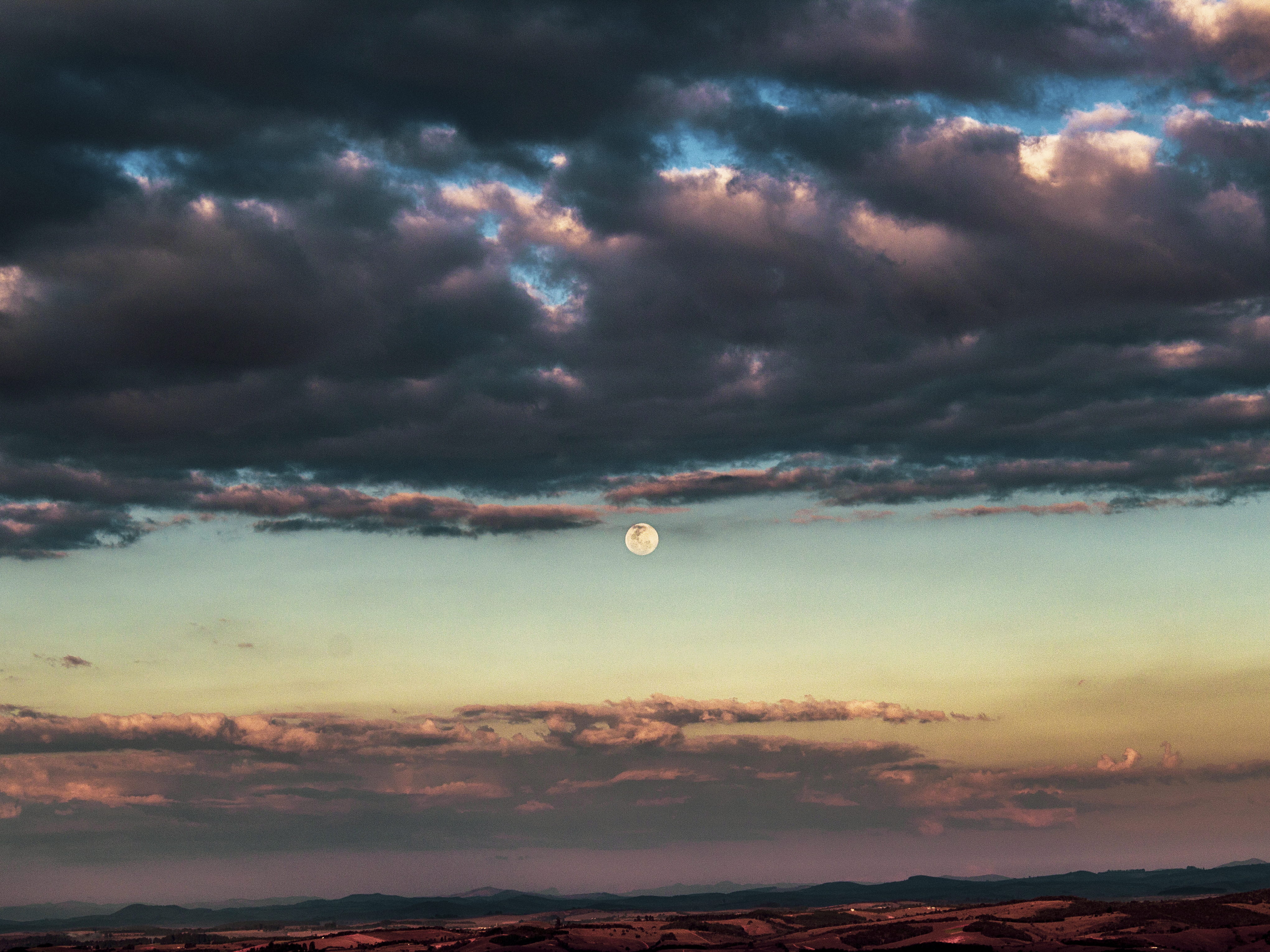 dusk, cloud - sky, mountain, sky, moon, outdoors, mid-air, mode of transportation, beauty in nature, tranquility, dramatic sky, tranquil scene, adventure, HD Wallpaper