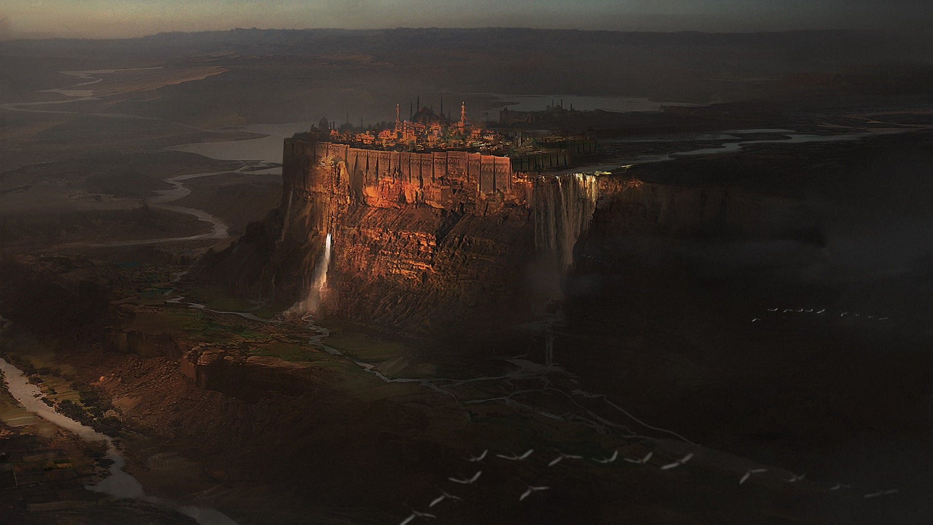 waterfall, Illustration, art, citadel, castle, Morgan Yon, environment, fantasy, 1080P, HD Wallpaper