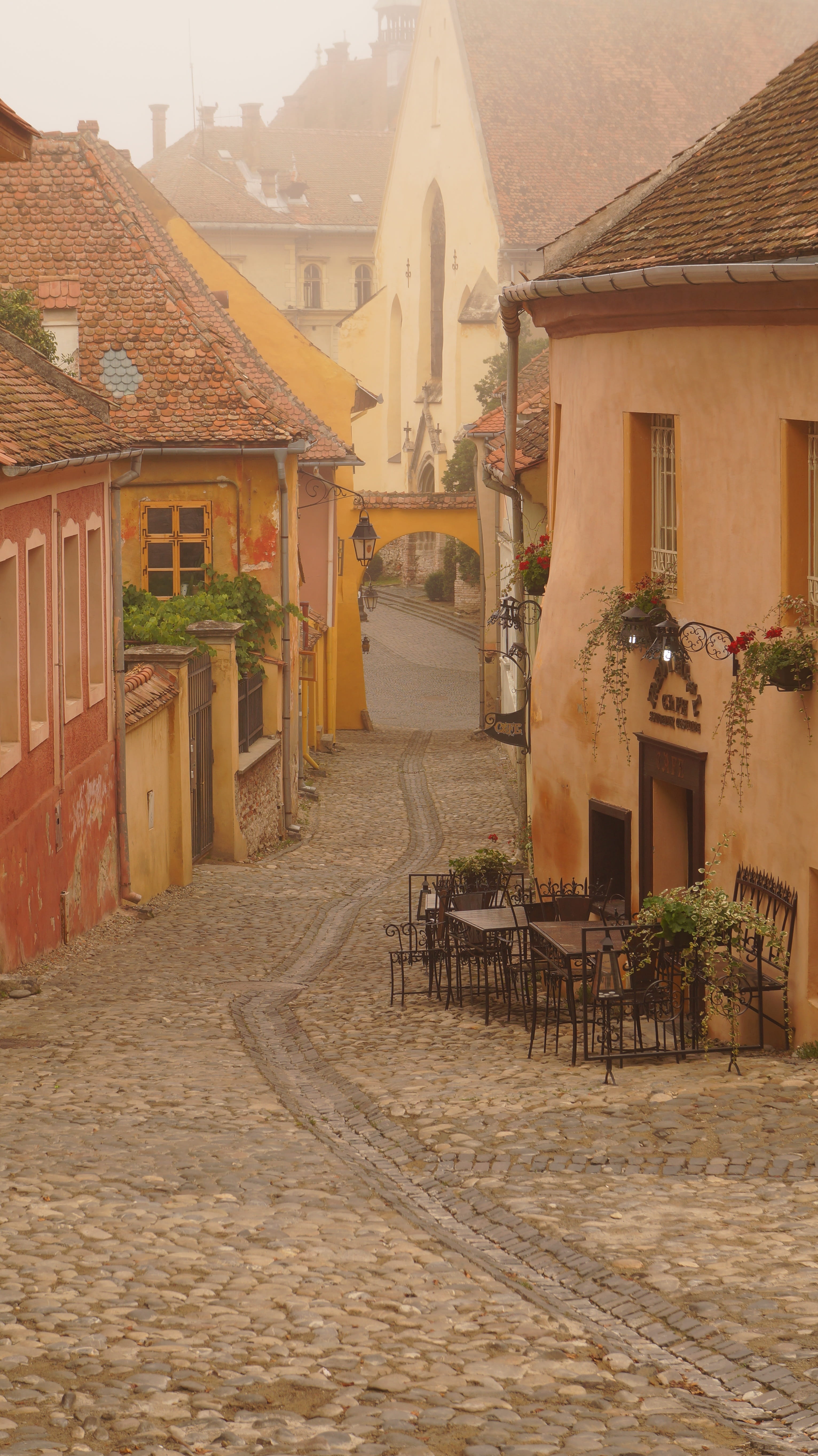 building exterior, sighisoara, romania, street, 5K, history, europe, no people, day, courtyard, built structure, cafe, monument, famous, town, heritage, Phone HD Wallpaper