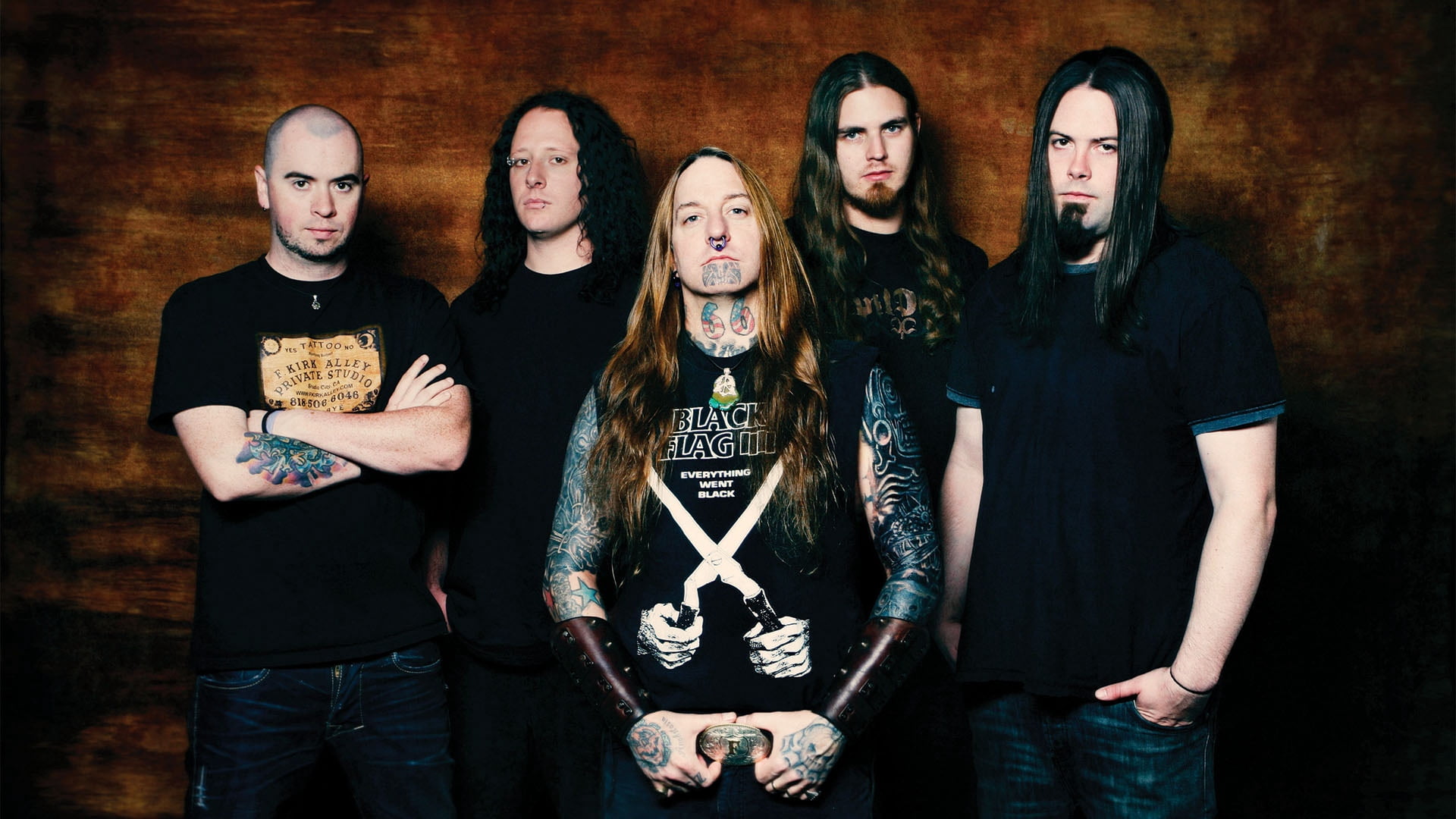 young adult, front view, group of people, boy, devildriver, piercing, waist up, standing, t-shirts, looking at camera, serious, tattoo, young men, women, HD Wallpaper