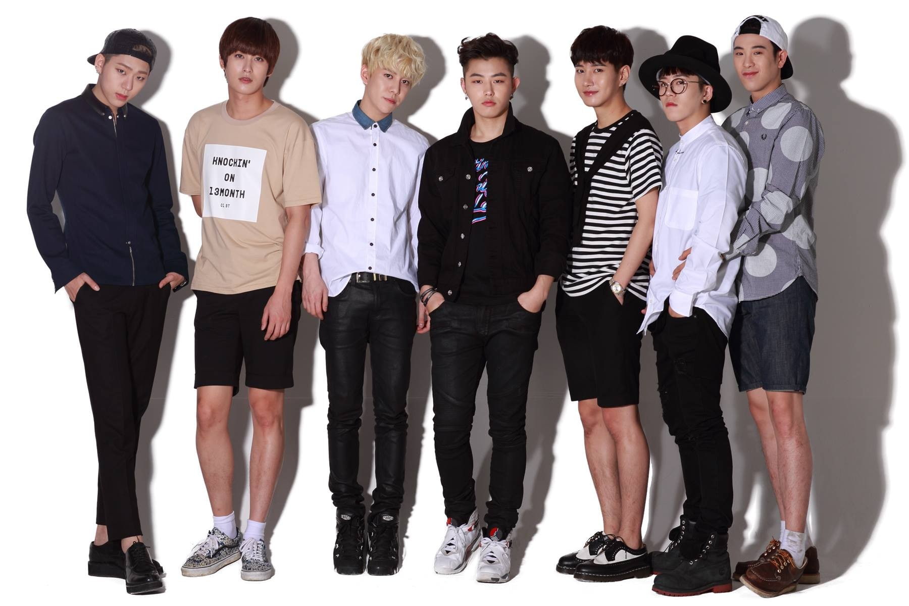 front view, white background, Jaehyo, Blockb, Zico, Park Kyung, casual clothing, Taeil, B-Bomb, young men, K-pop, indoors, full length, musician, togetherness, HD Wallpaper