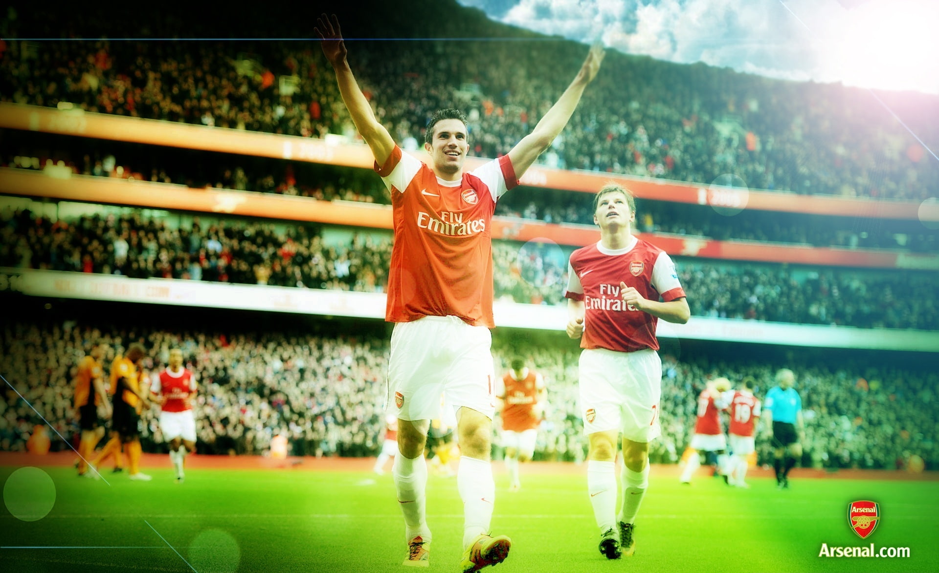 stadium, shirt, human limb, ball, athlete, people, soccer, crowd, human arm, soccer ball, men, soccer field, persie, red, team sport, 1080P, Football, HD Wallpaper