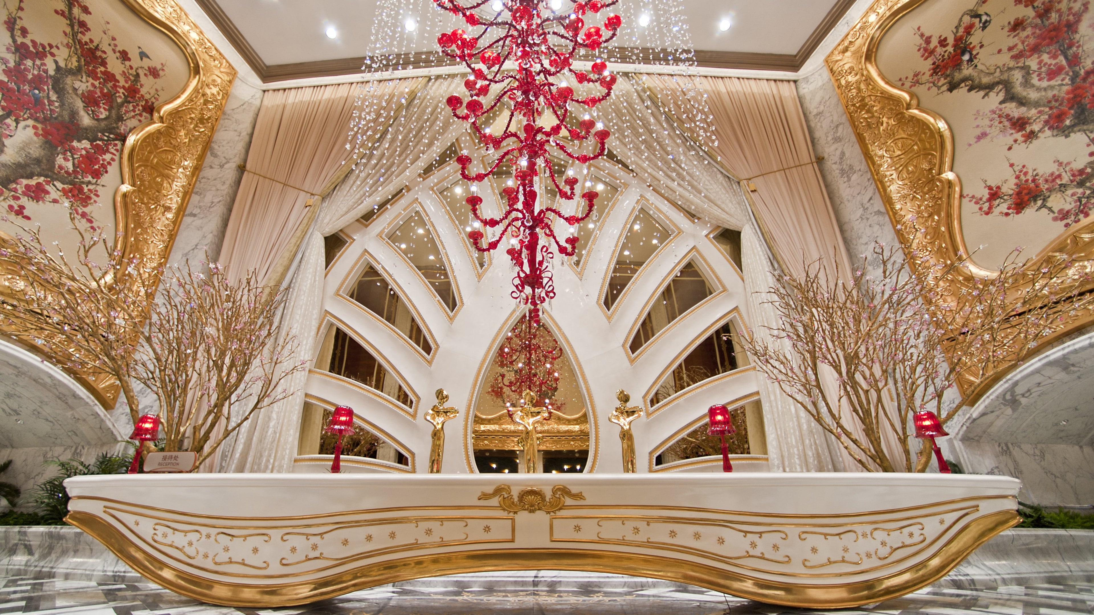 gold, tourism, Galaxy Macau, hall, 4K, colored, Best Hotels of 2015, Casino, Cotai Strip, booking, China, ornament, vacation, resort, travel, white, HD Wallpaper