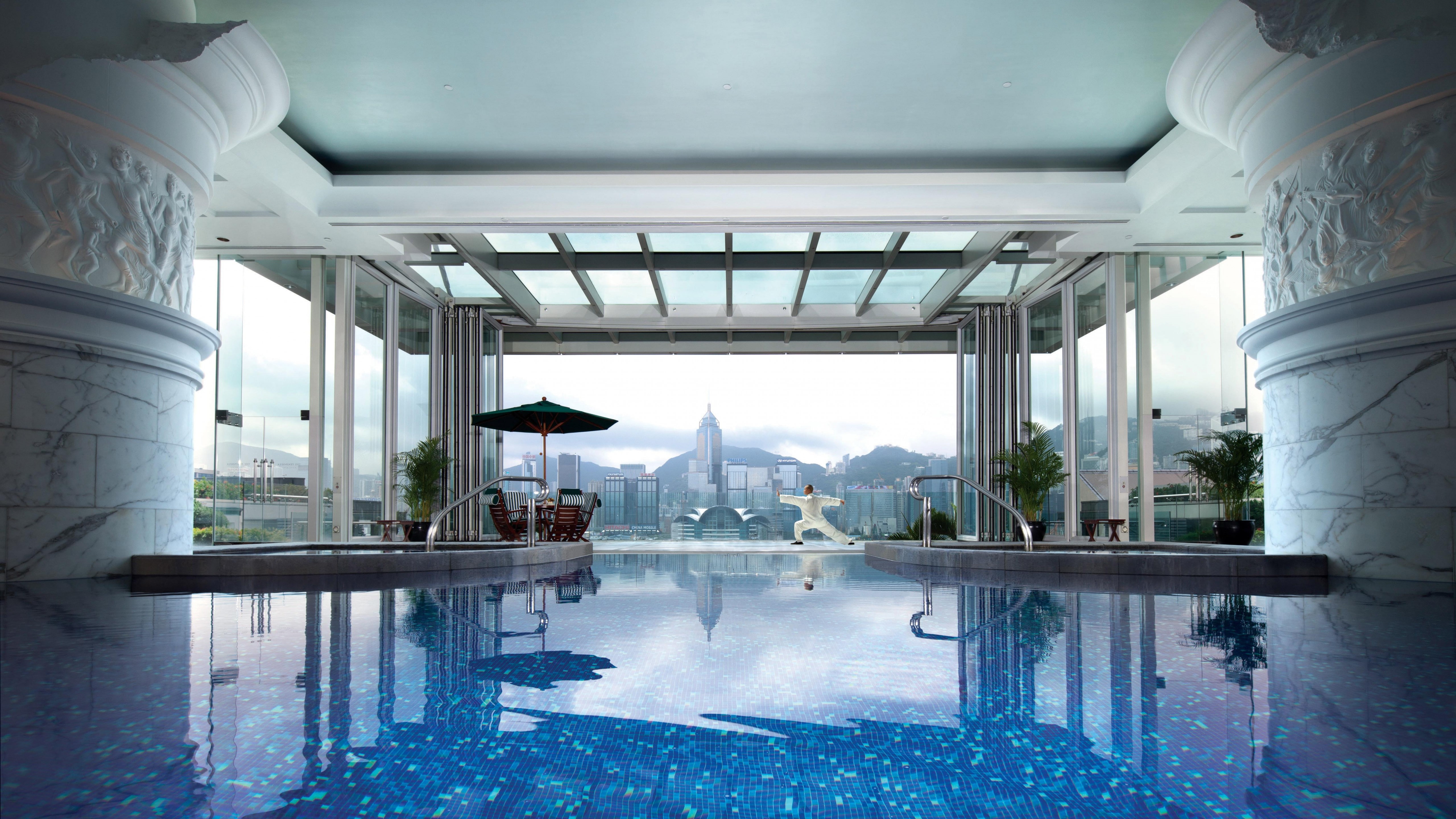 man, resort, travel, The Peninsula Hong Kong, pool, white, near, vacation, tourism, swimming, glass, 5K, wearing, Best Hotels of 2017, window, China, standing, HD Wallpaper